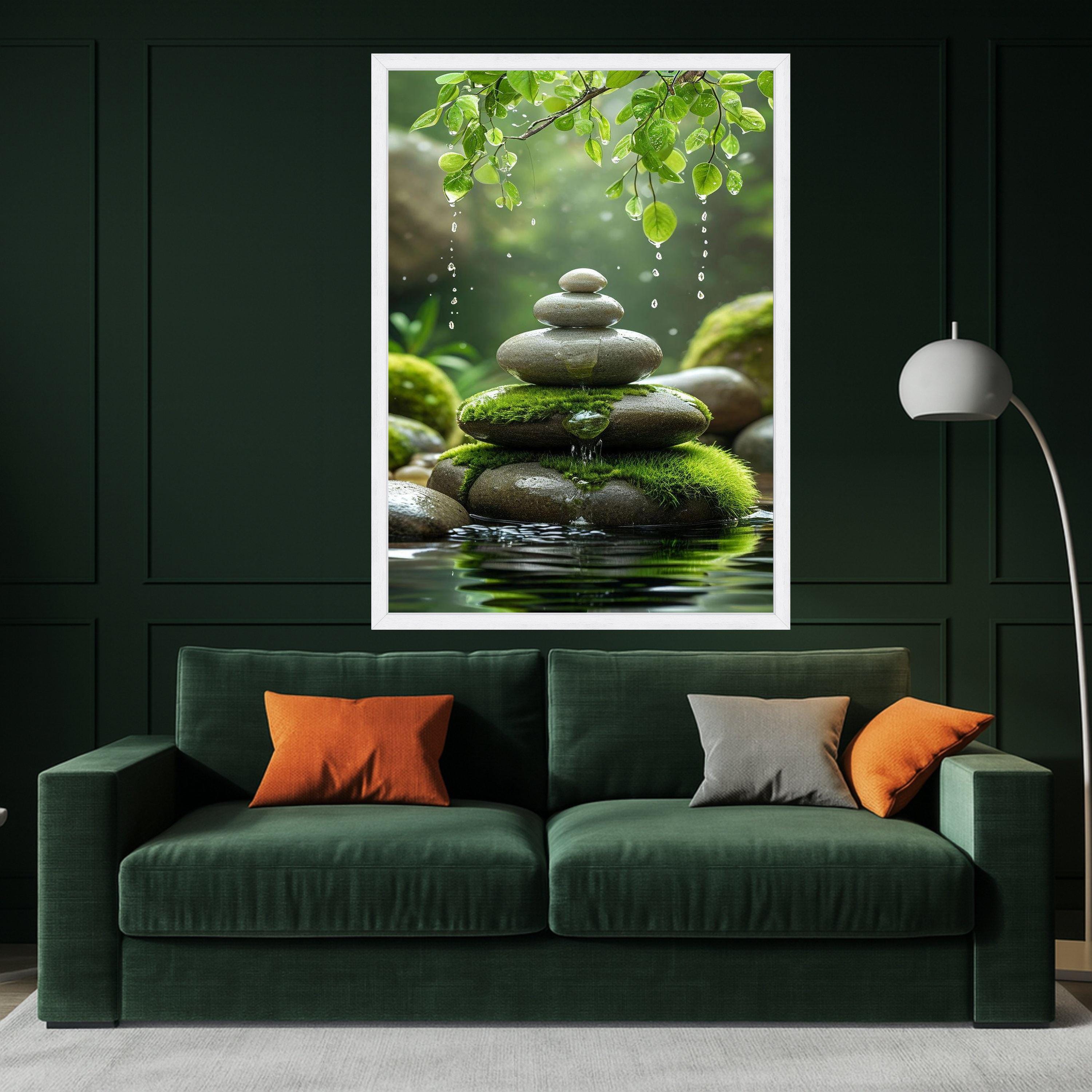 Zen Stone Stack with Moss and Water Droplets, Tranquil Nature Canvas, Green Leaves Wall Art, Peaceful Spa Decor, Relaxing Ready To Hang,