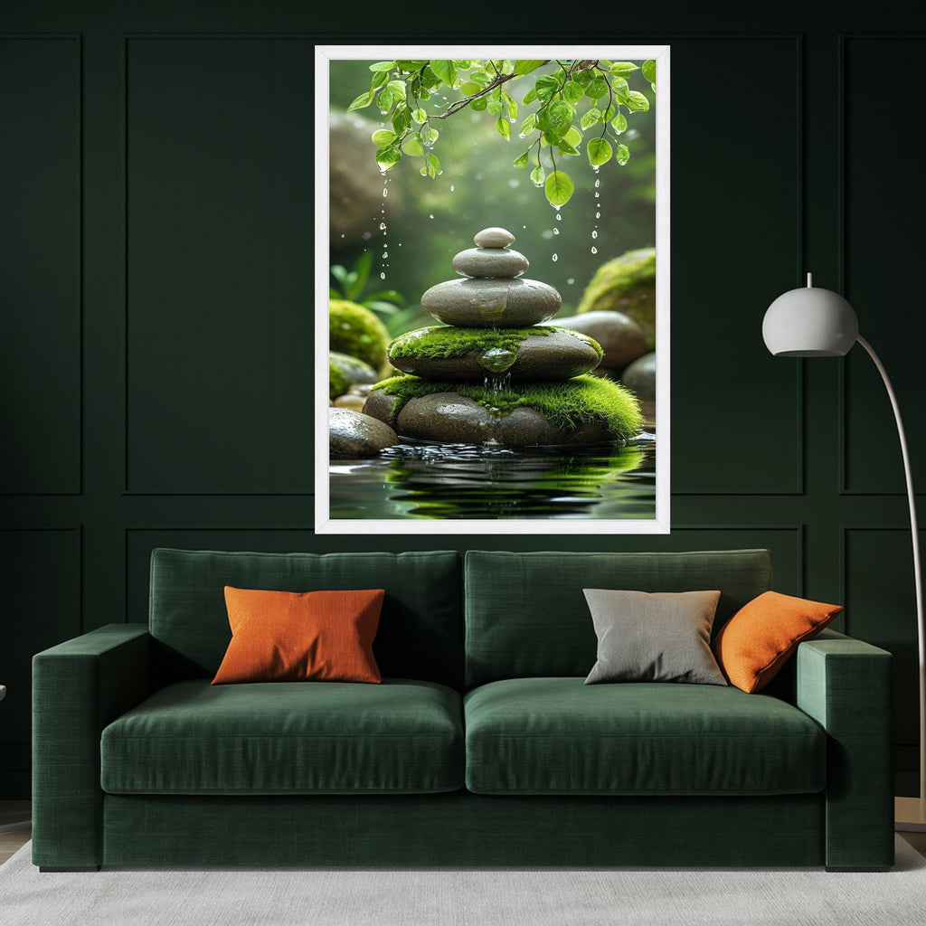 Zen Stone Stack with Moss and Water Droplets, Tranquil Nature Canvas, Green Leaves Wall Art, Peaceful Spa Decor, Relaxing Ready To Hang,