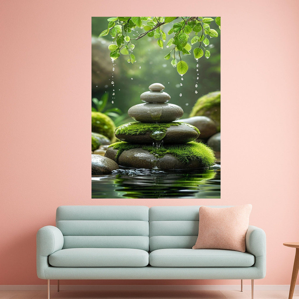 Zen Stone Stack with Moss and Water Droplets, Tranquil Nature Canvas, Green Leaves Wall Art, Peaceful Spa Decor, Relaxing Ready To Hang,