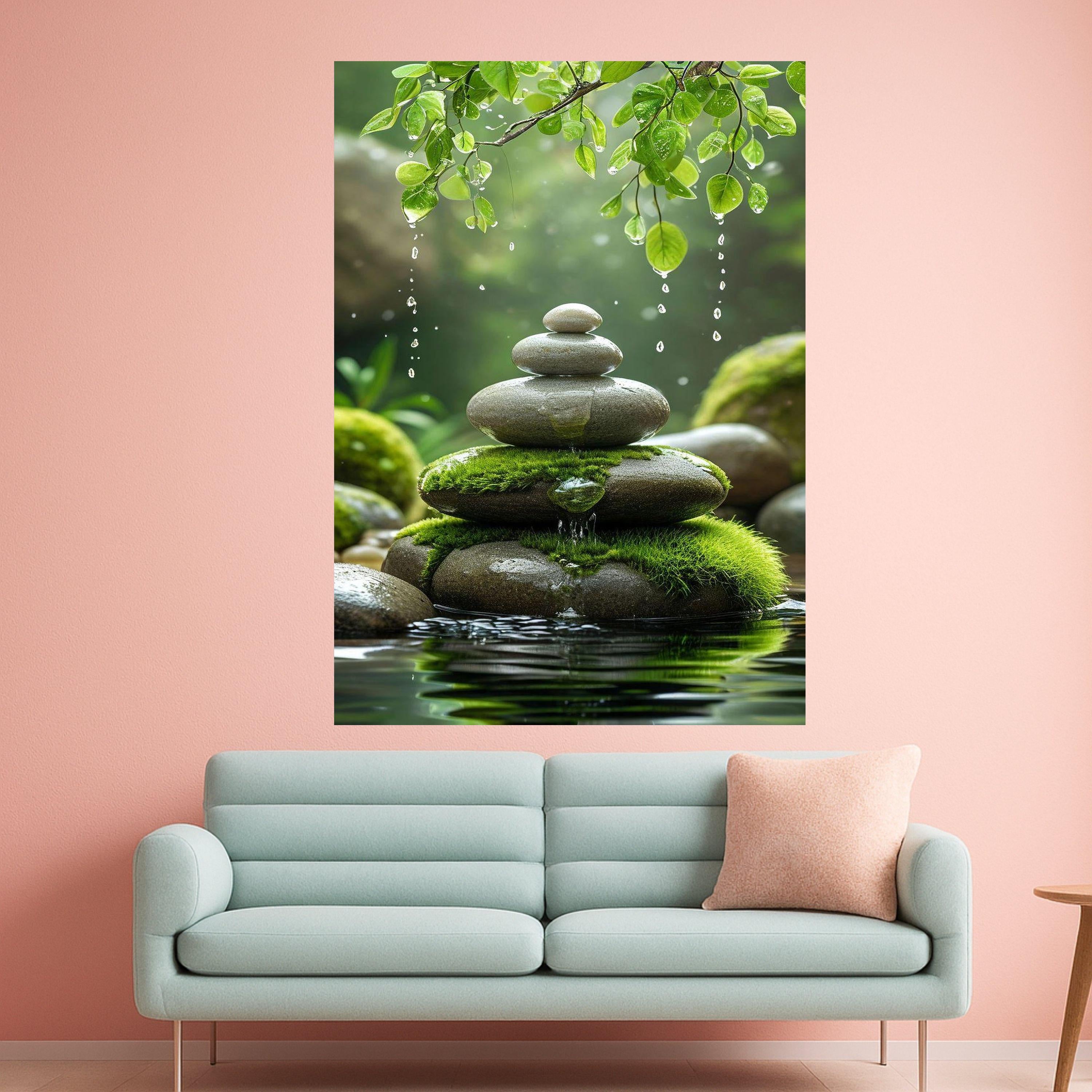 Zen Stone Stack with Moss and Water Droplets, Tranquil Nature Canvas, Green Leaves Wall Art, Peaceful Spa Decor, Relaxing Ready To Hang,