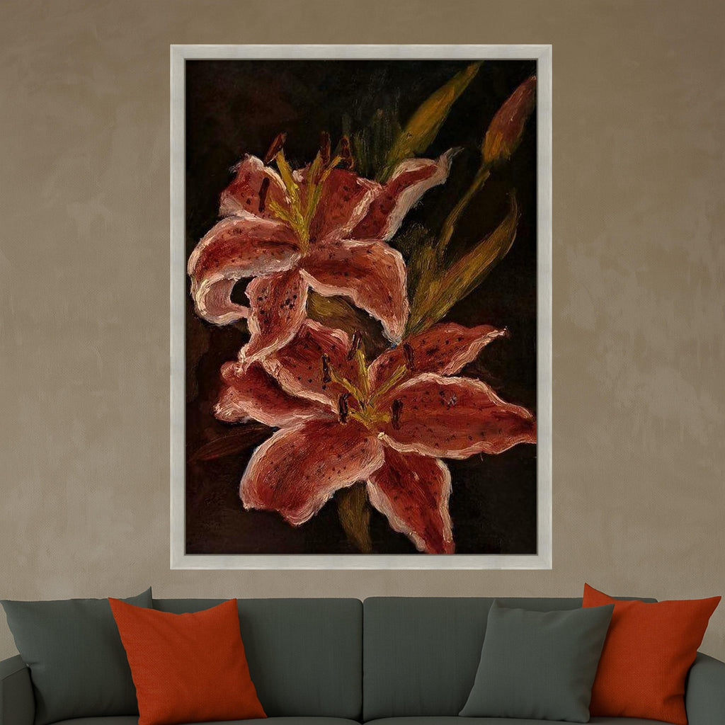 Elegant Red Lily Canvas Wall Art, Floral Botanical Painting, Dark Background Flower Decor, Home Decoration Canvas, Ready to Ready To Hang,
