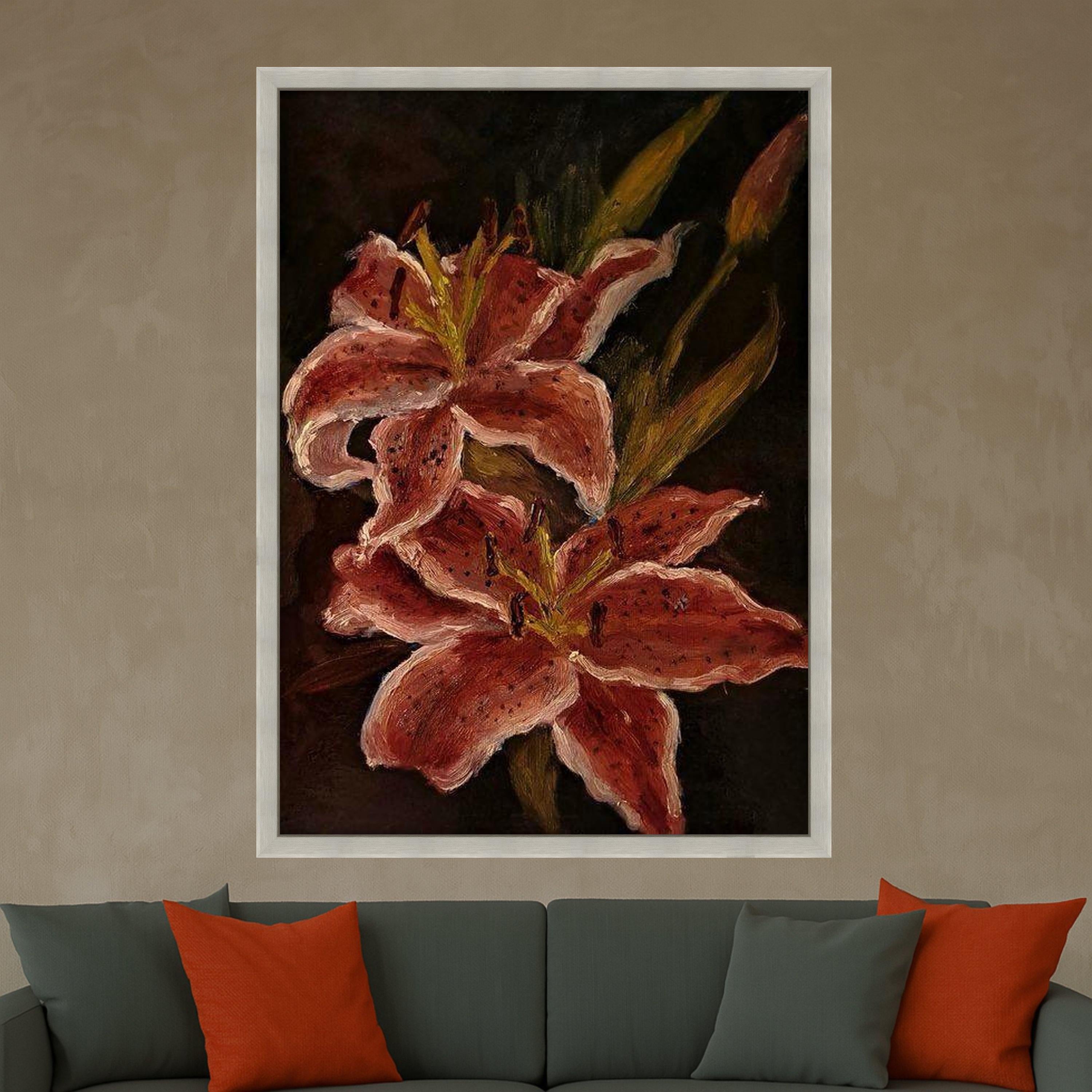 Elegant Red Lily Canvas Wall Art, Floral Botanical Painting, Dark Background Flower Decor, Home Decoration Canvas, Ready to Ready To Hang,