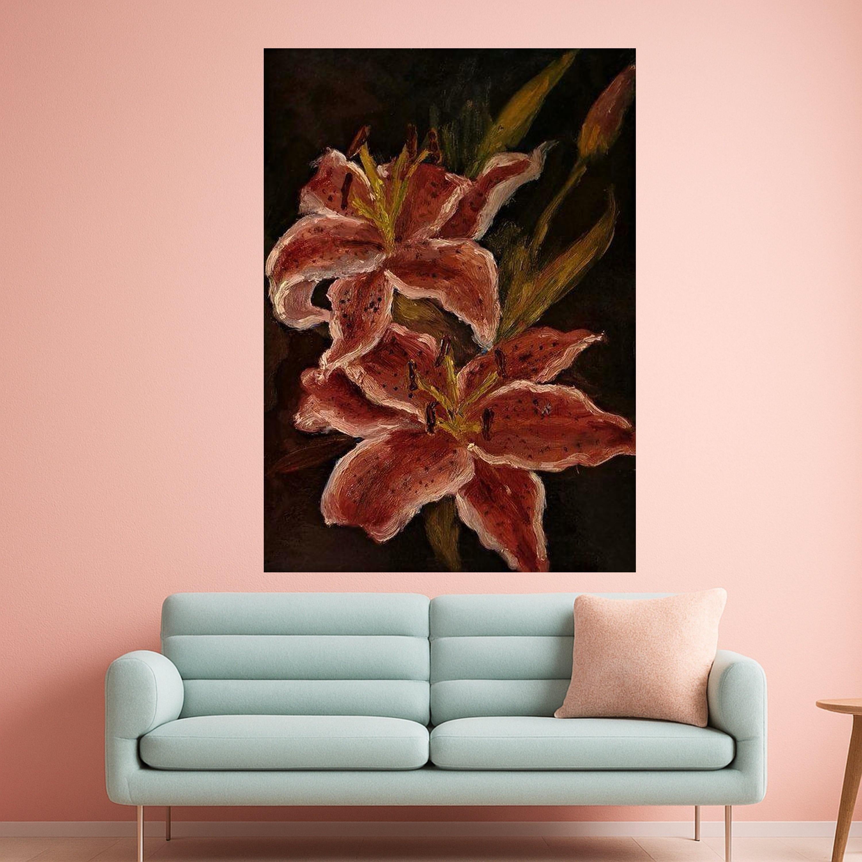 Elegant Red Lily Canvas Wall Art, Floral Botanical Painting, Dark Background Flower Decor, Home Decoration Canvas, Ready to Ready To Hang,