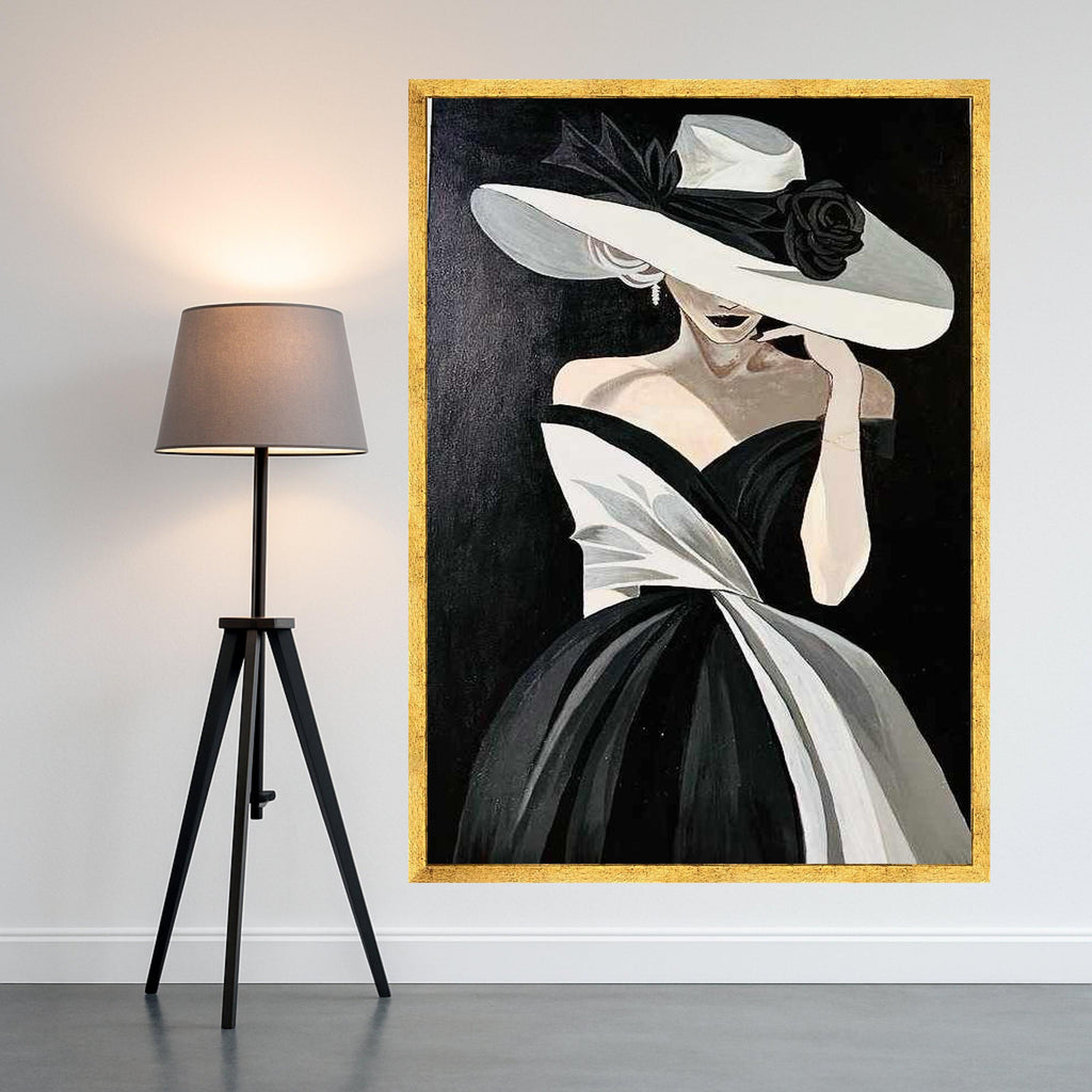 Elegant Woman in Black and White Dress Canvas, Fashion Portrait Wall Art, Chic Lady with Wide Brim Hat Canvas, Modern Glamour Ready To Hang,