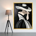 Elegant Woman in Black and White Dress Canvas, Fashion Portrait Wall Art, Chic Lady with Wide Brim Hat Canvas, Modern Glamour Ready To Hang,