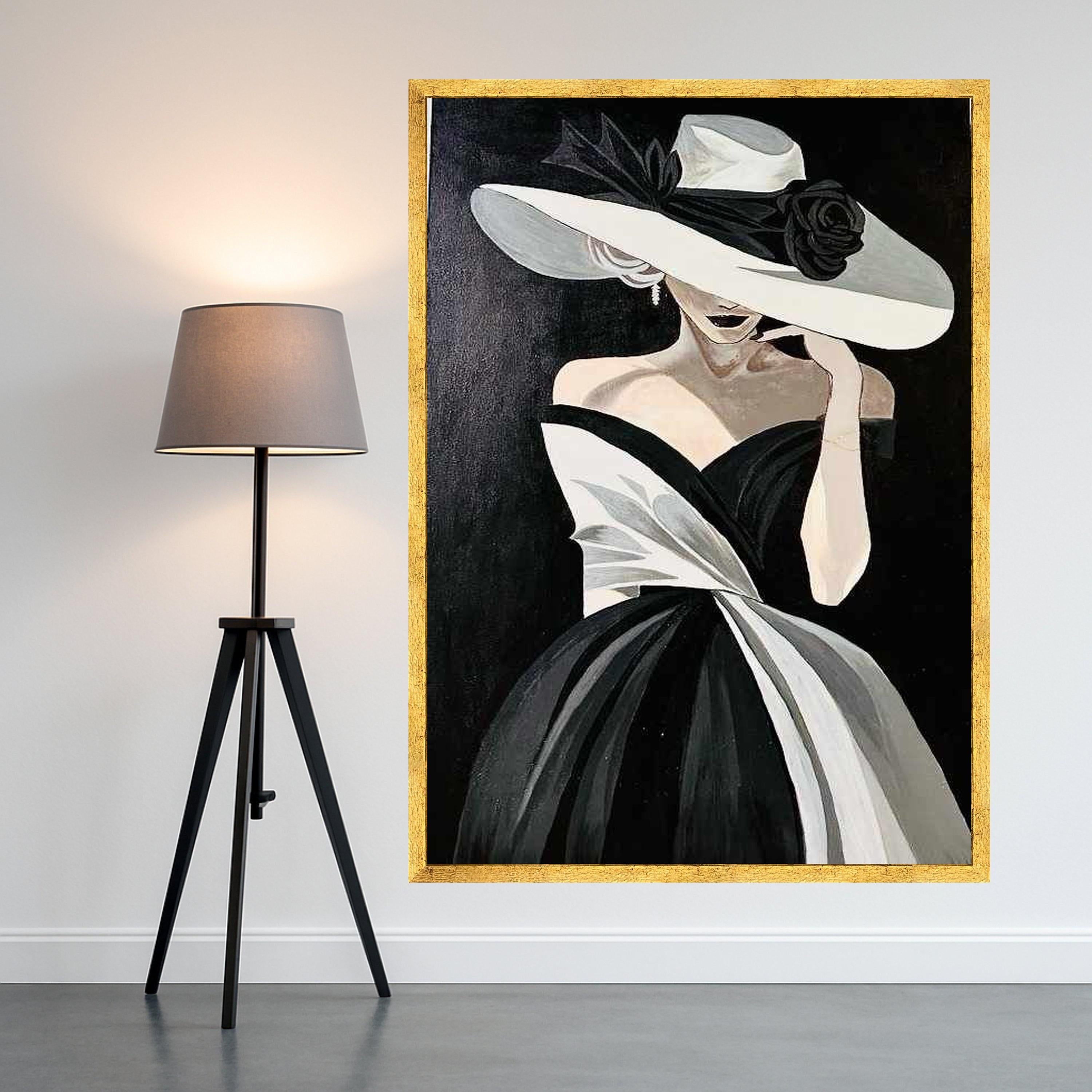 Elegant Woman in Black and White Dress Canvas, Fashion Portrait Wall Art, Chic Lady with Wide Brim Hat Canvas, Modern Glamour Ready To Hang,
