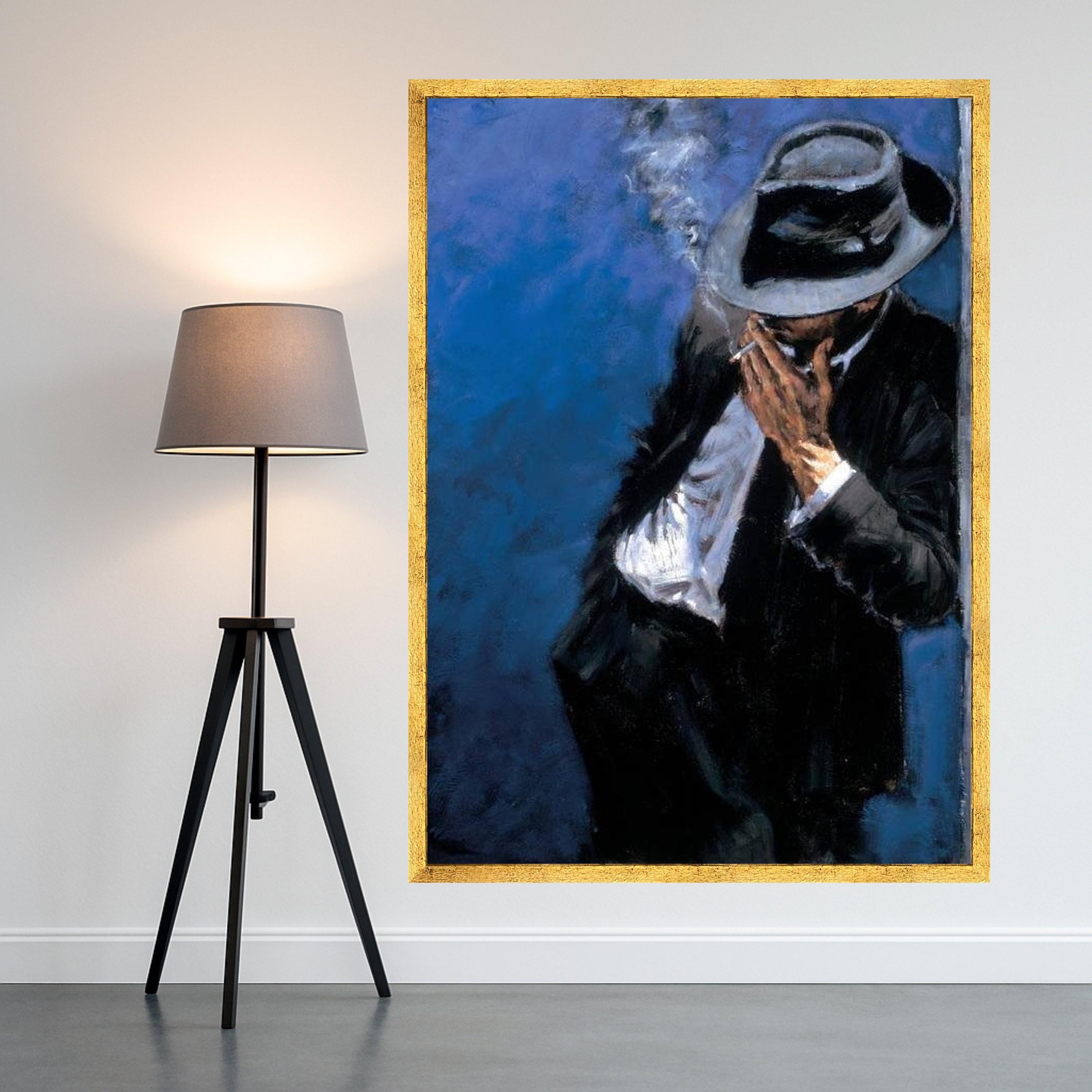 Mysterious Man Smoking Canvas Wall Art, Noir Style Figure Painting, Vintage Fashion Canvas, Moody Blue Background, Elegant Ready To Hang,
