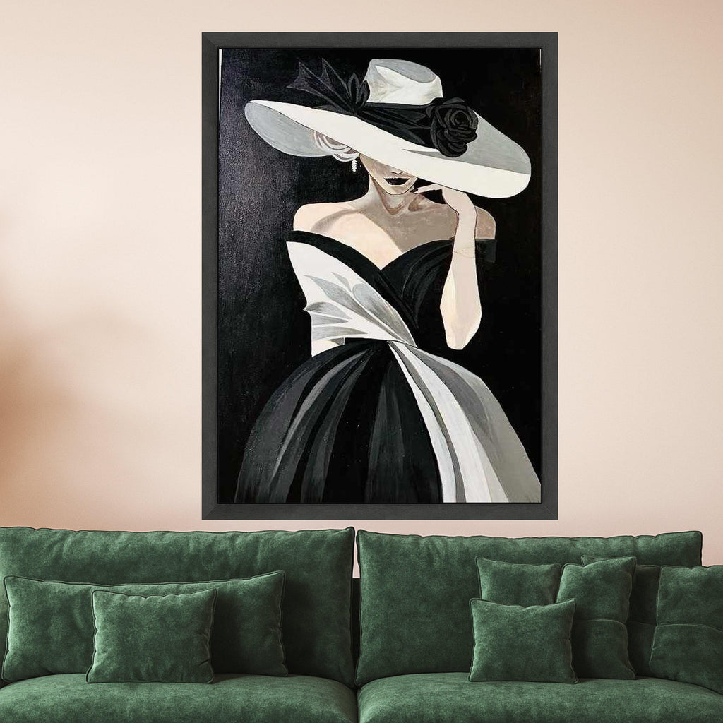 Elegant Woman in Black and White Dress Canvas, Fashion Portrait Wall Art, Chic Lady with Wide Brim Hat Canvas, Modern Glamour Ready To Hang,