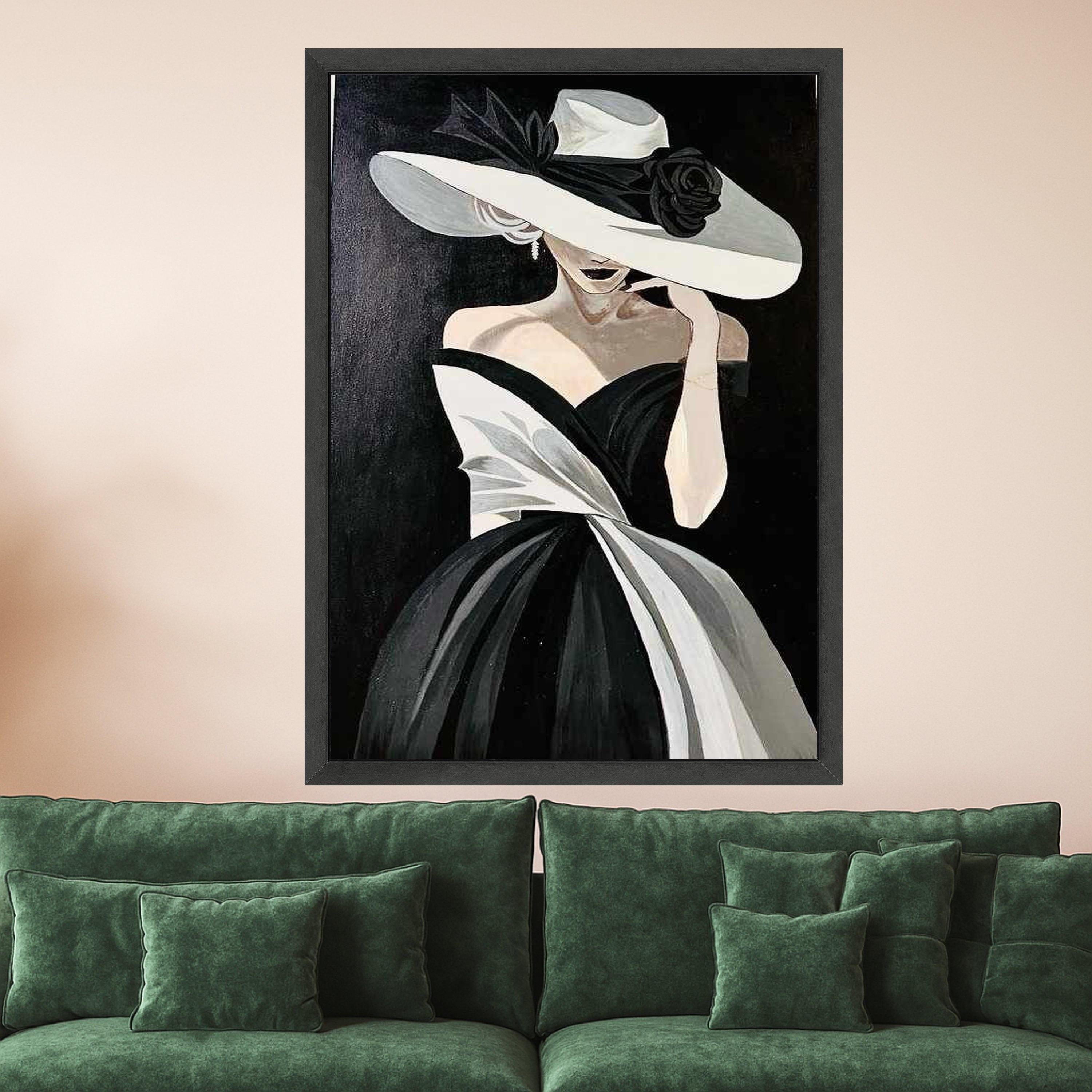 Elegant Woman in Black and White Dress Canvas, Fashion Portrait Wall Art, Chic Lady with Wide Brim Hat Canvas, Modern Glamour Ready To Hang,