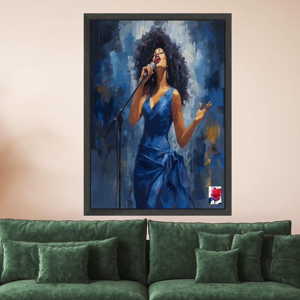 Soulful Jazz Singer Canvas, Woman in Blue Dress, Music Performance Art, Live Concert Wall Decor, Artistic Canvas Painting Ready To Hang,