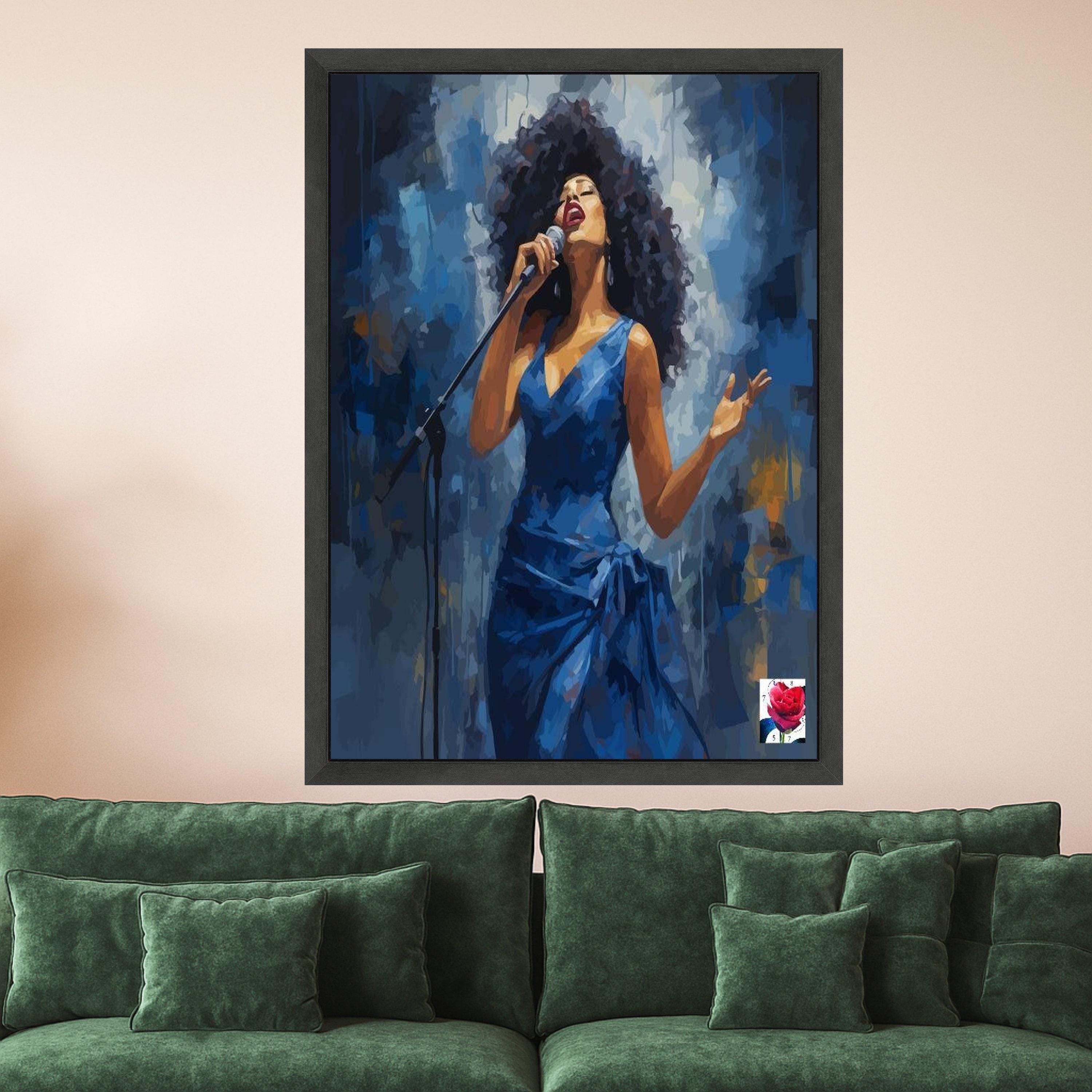 Soulful Jazz Singer Canvas, Woman in Blue Dress, Music Performance Art, Live Concert Wall Decor, Artistic Canvas Painting Ready To Hang,