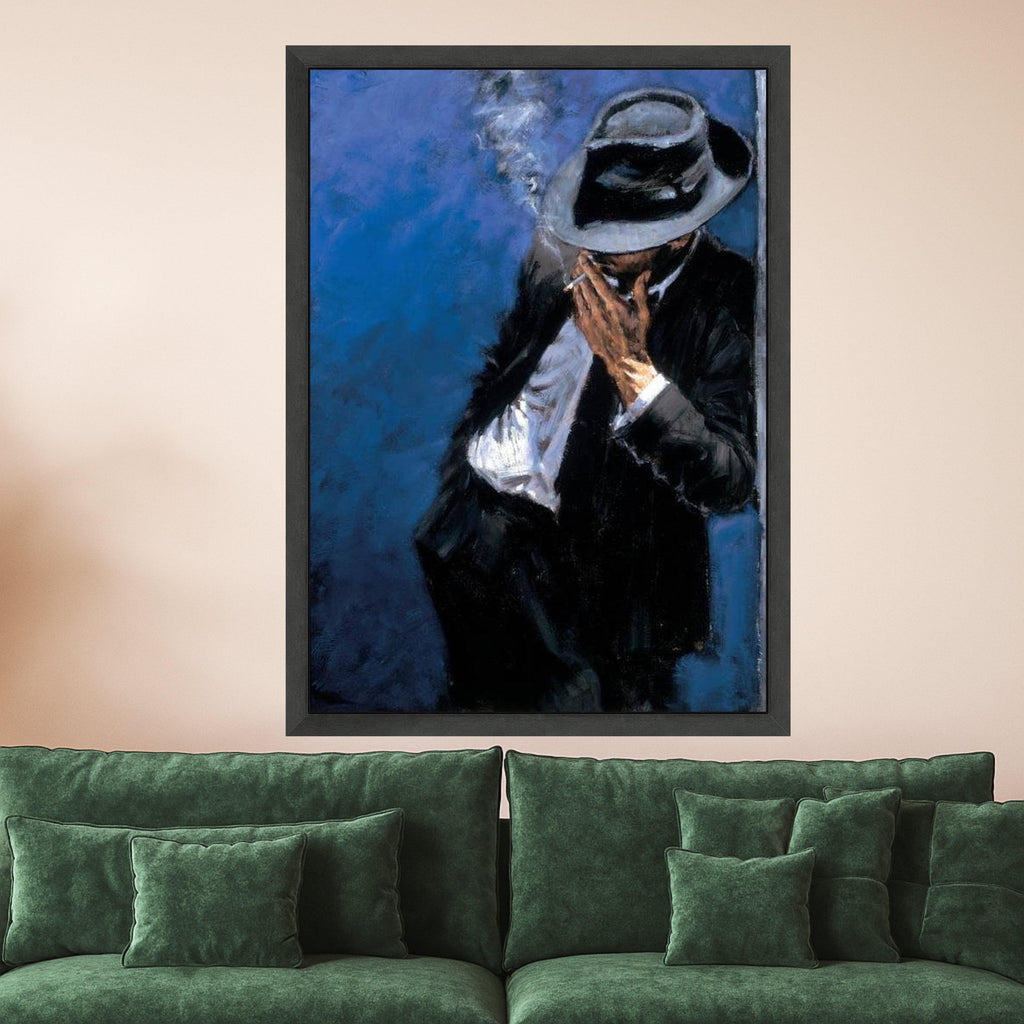 Mysterious Man Smoking Canvas Wall Art, Noir Style Figure Painting, Vintage Fashion Canvas, Moody Blue Background, Elegant Ready To Hang,