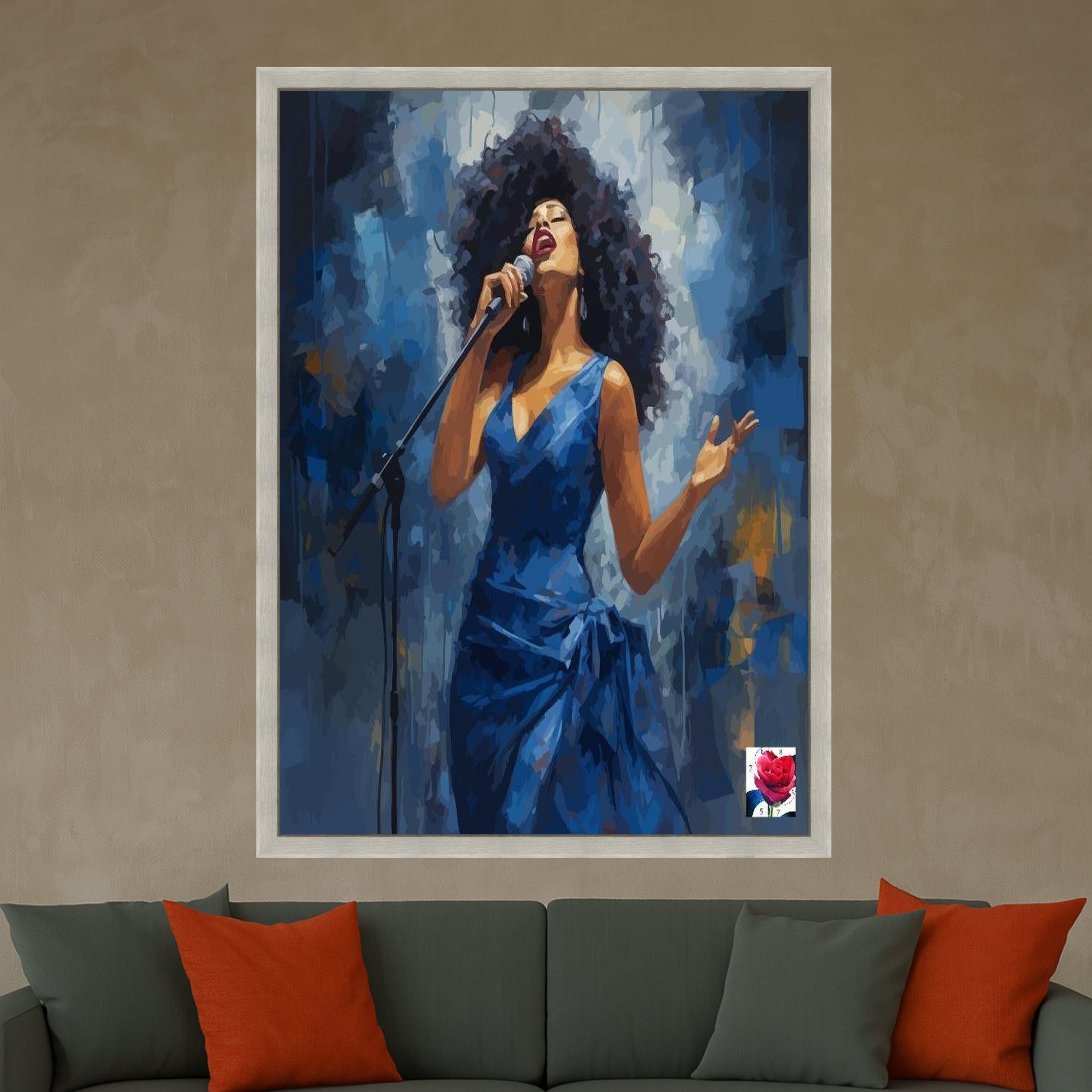 Soulful Jazz Singer Canvas, Woman in Blue Dress, Music Performance Art, Live Concert Wall Decor, Artistic Canvas Painting Ready To Hang,