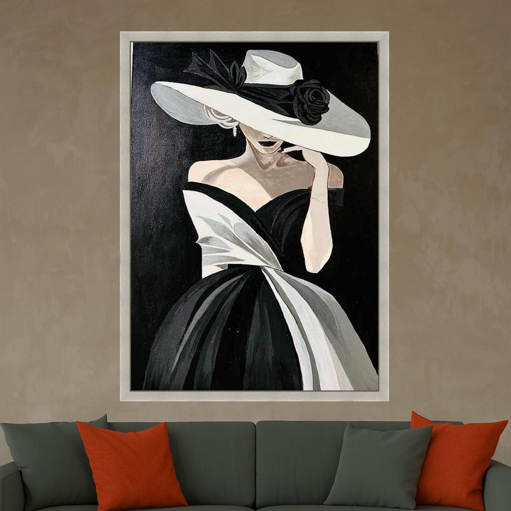 Elegant Woman in Black and White Dress Canvas, Fashion Portrait Wall Art, Chic Lady with Wide Brim Hat Canvas, Modern Glamour Ready To Hang,