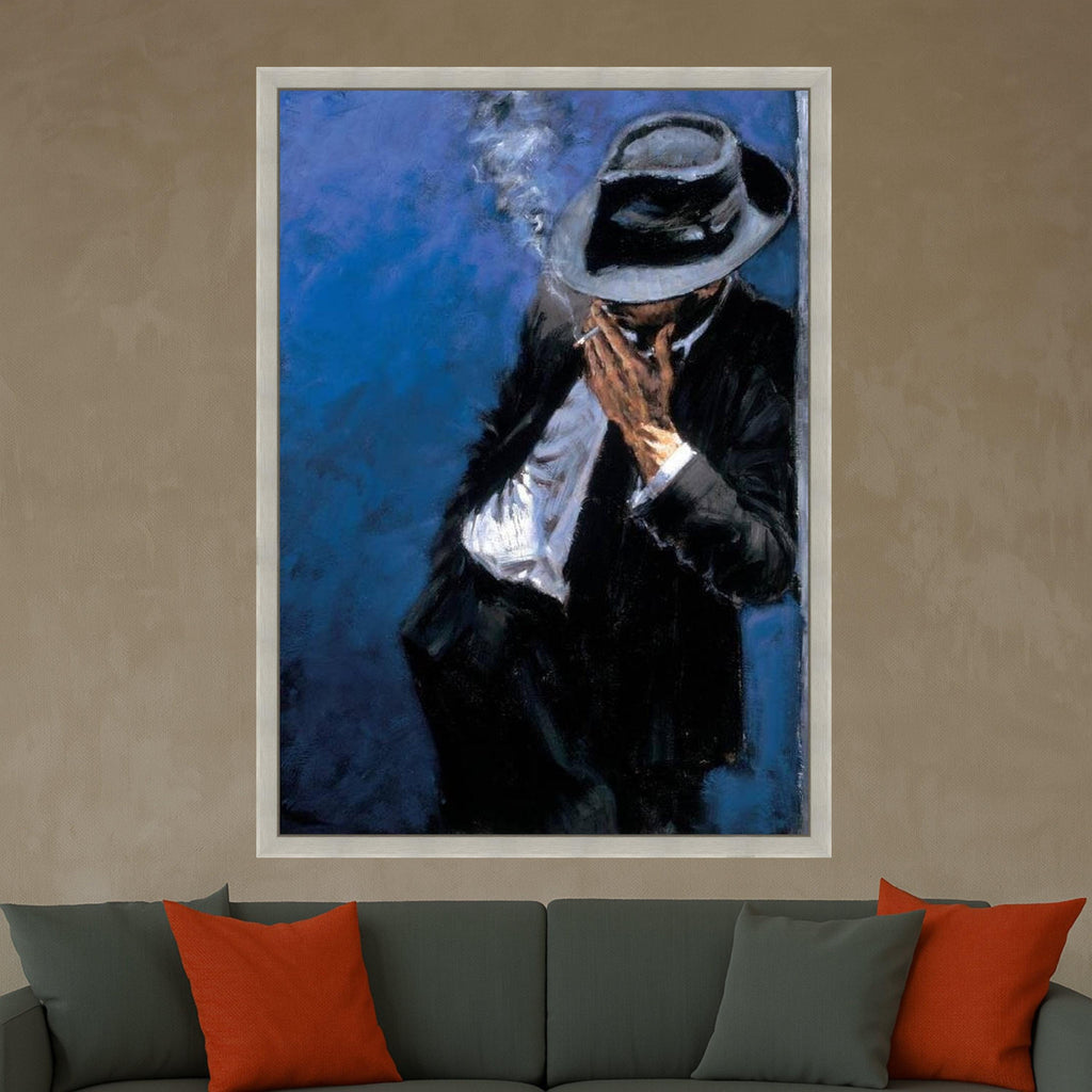 Mysterious Man Smoking Canvas Wall Art, Noir Style Figure Painting, Vintage Fashion Canvas, Moody Blue Background, Elegant Ready To Hang,