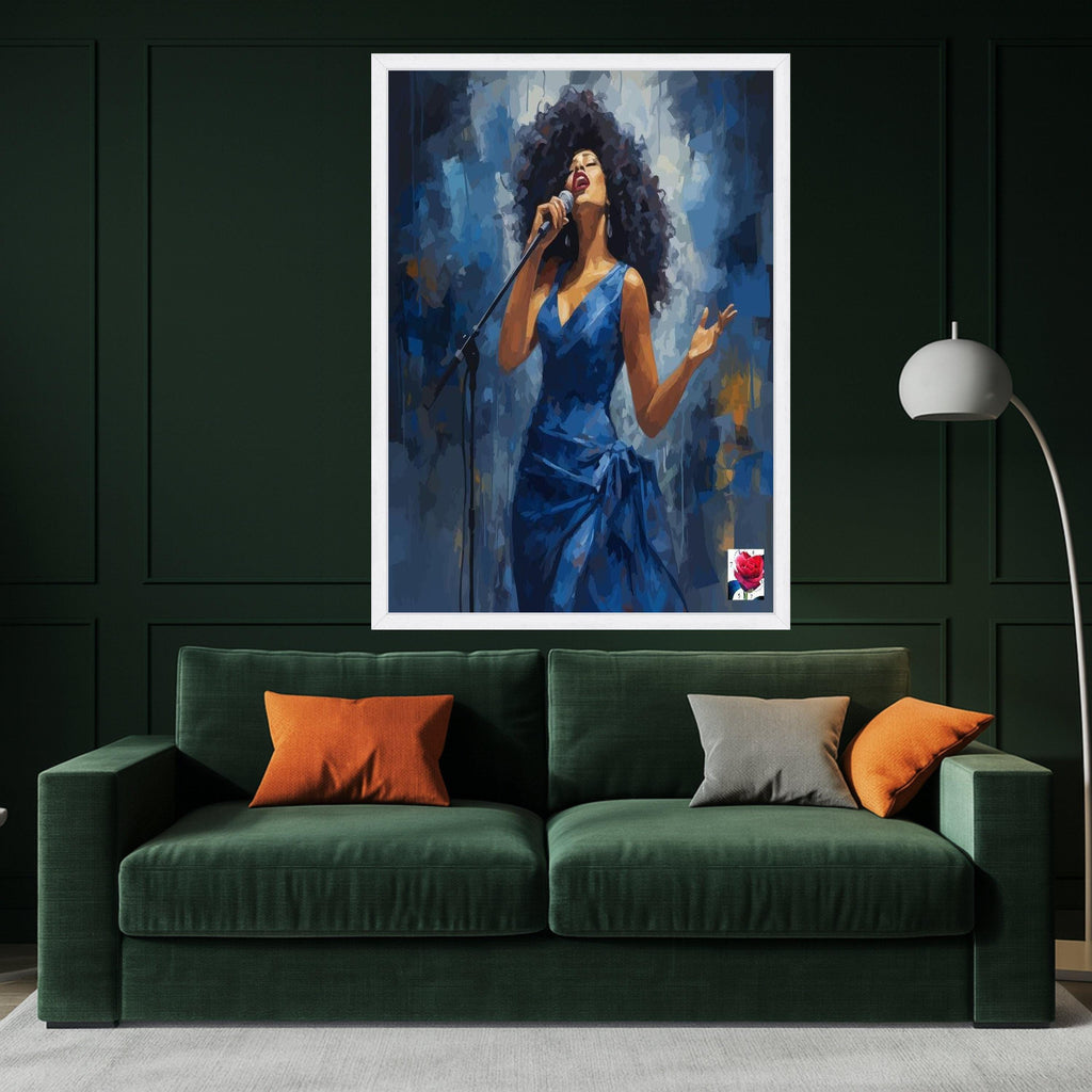 Soulful Jazz Singer Canvas, Woman in Blue Dress, Music Performance Art, Live Concert Wall Decor, Artistic Canvas Painting Ready To Hang,