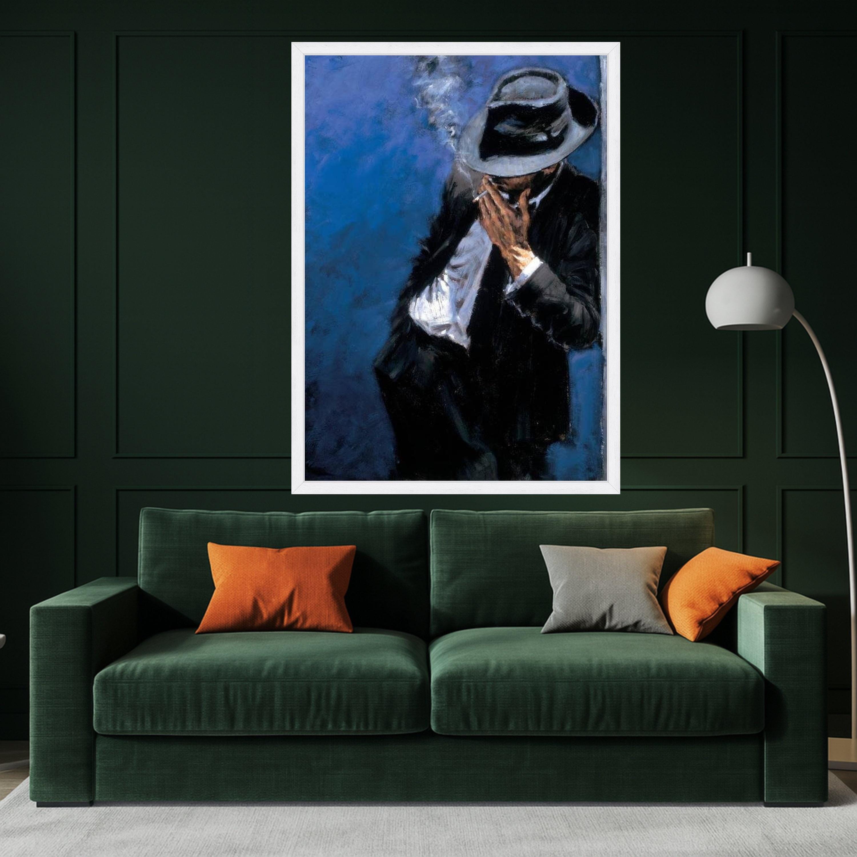 Mysterious Man Smoking Canvas Wall Art, Noir Style Figure Painting, Vintage Fashion Canvas, Moody Blue Background, Elegant Ready To Hang,