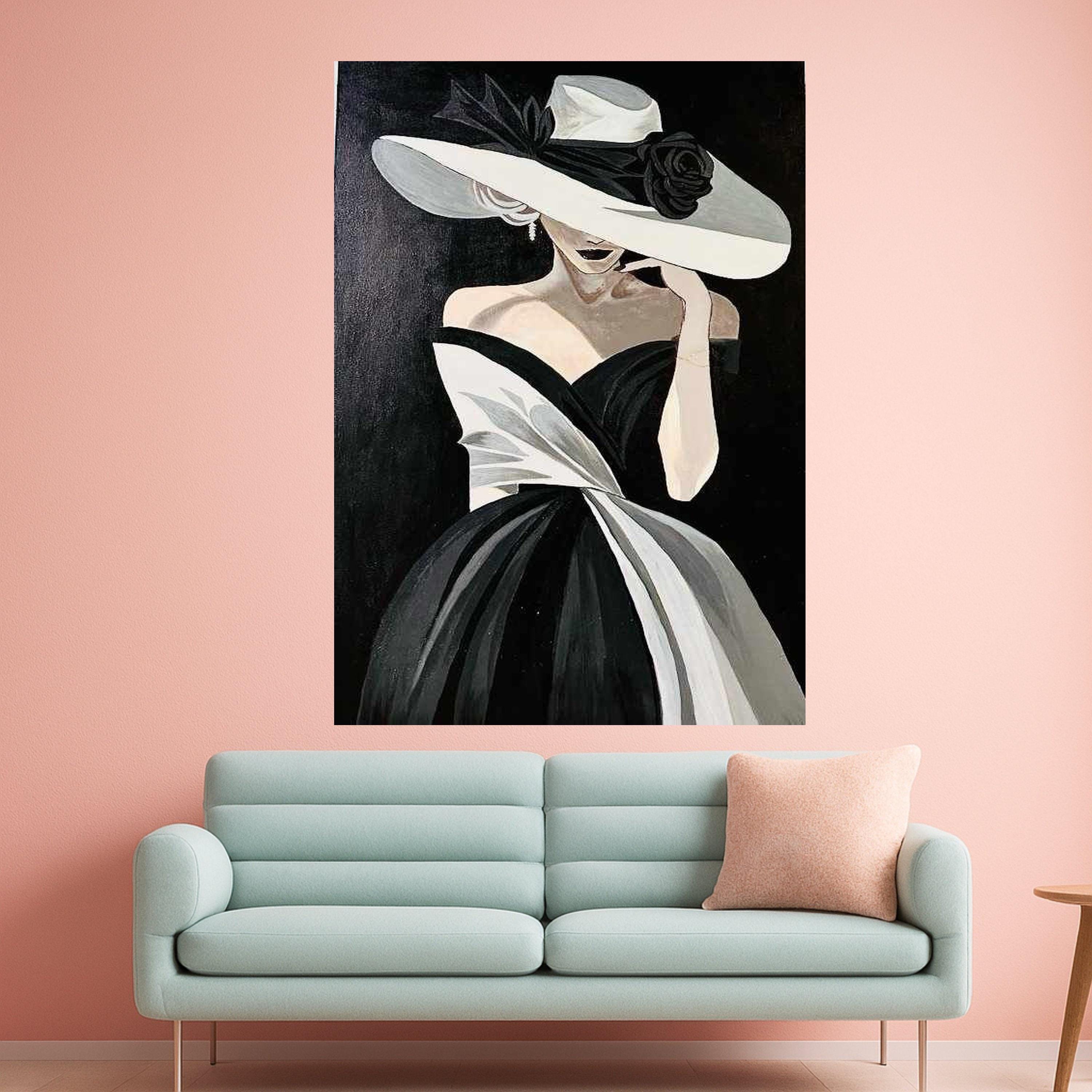 Elegant Woman in Black and White Dress Canvas, Fashion Portrait Wall Art, Chic Lady with Wide Brim Hat Canvas, Modern Glamour Ready To Hang,