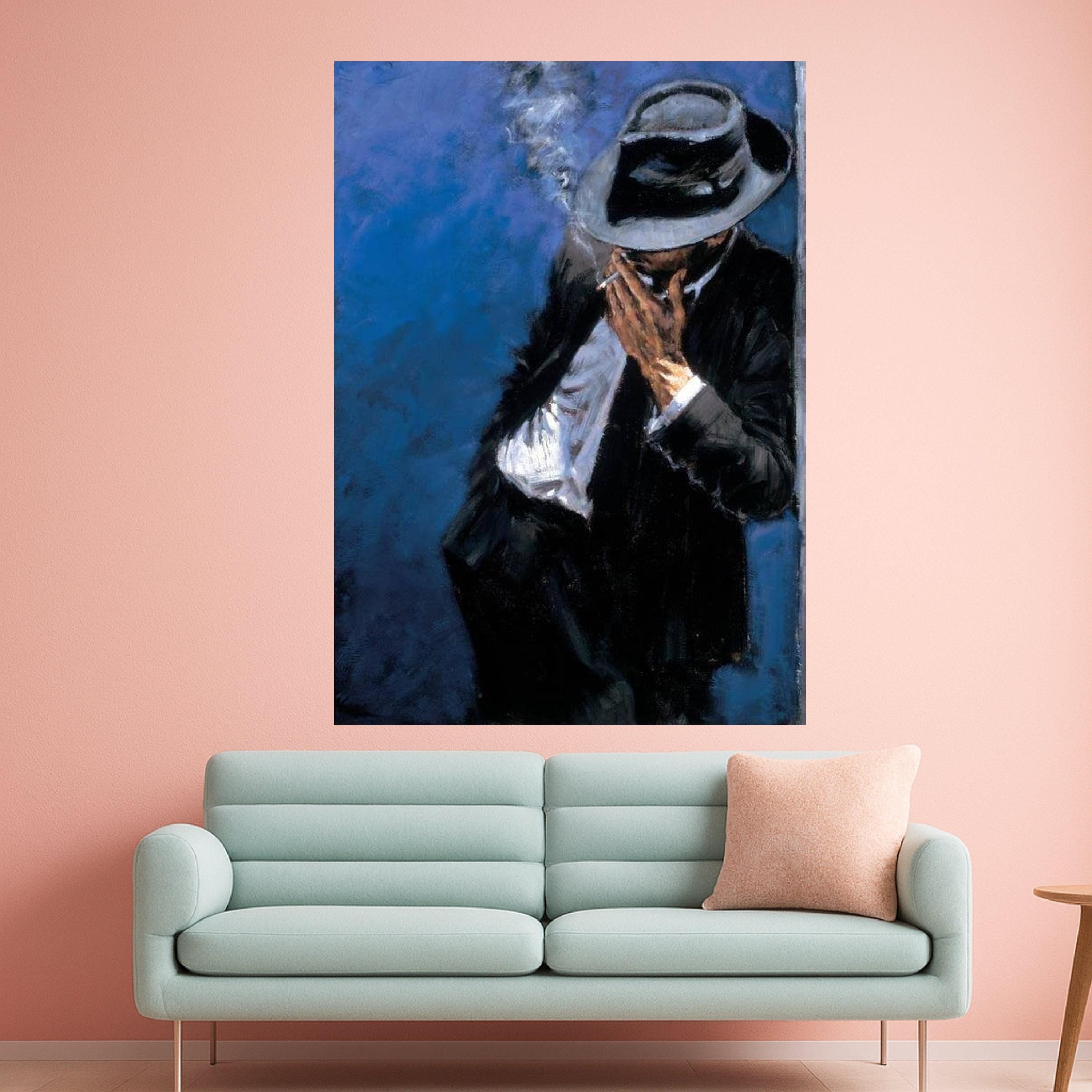 Mysterious Man Smoking Canvas Wall Art, Noir Style Figure Painting, Vintage Fashion Canvas, Moody Blue Background, Elegant Ready To Hang,