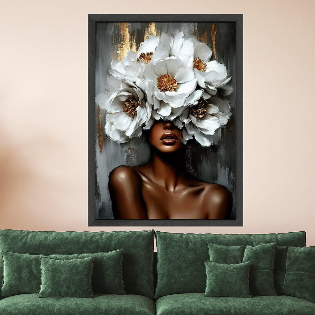 Elegant African Woman with White Flower Crown Canvas, Floral Portrait Wall Art, Modern Feminine Canvas Decoration, Ready To Hang,