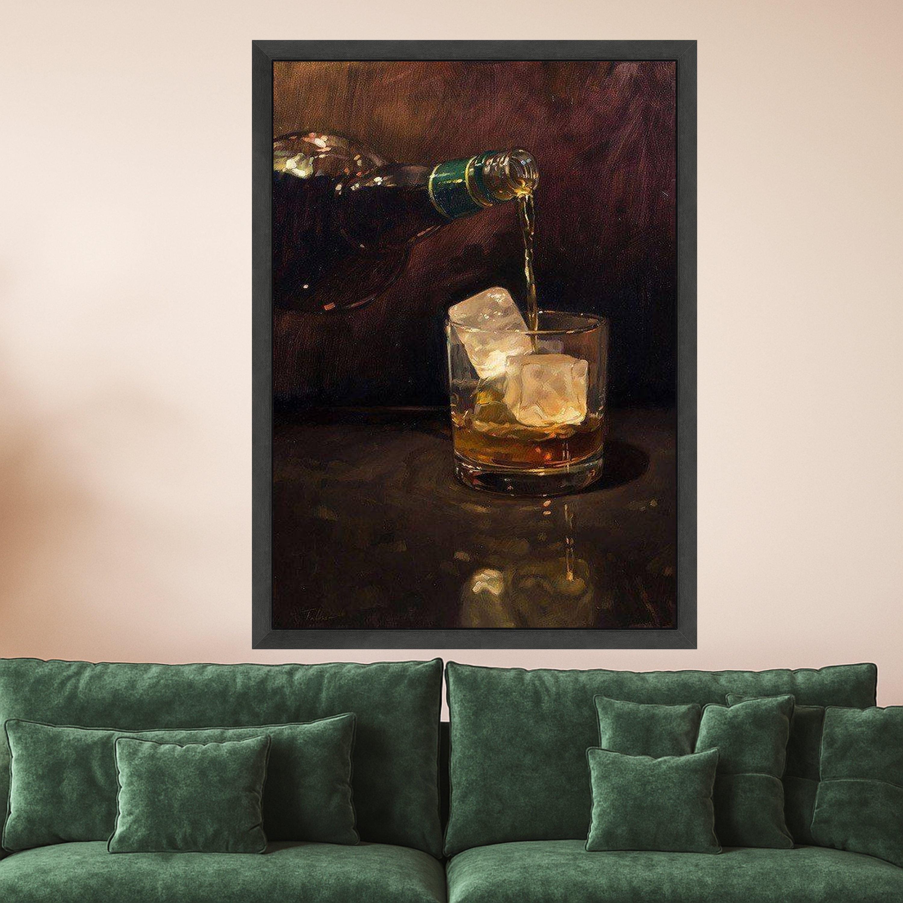 Whiskey Pouring Canvas Wall Art, Drink with Ice Cubes Painting, Bar Home Decor, Realistic Alcohol Beverage Canvas, Modern Ready To Hang