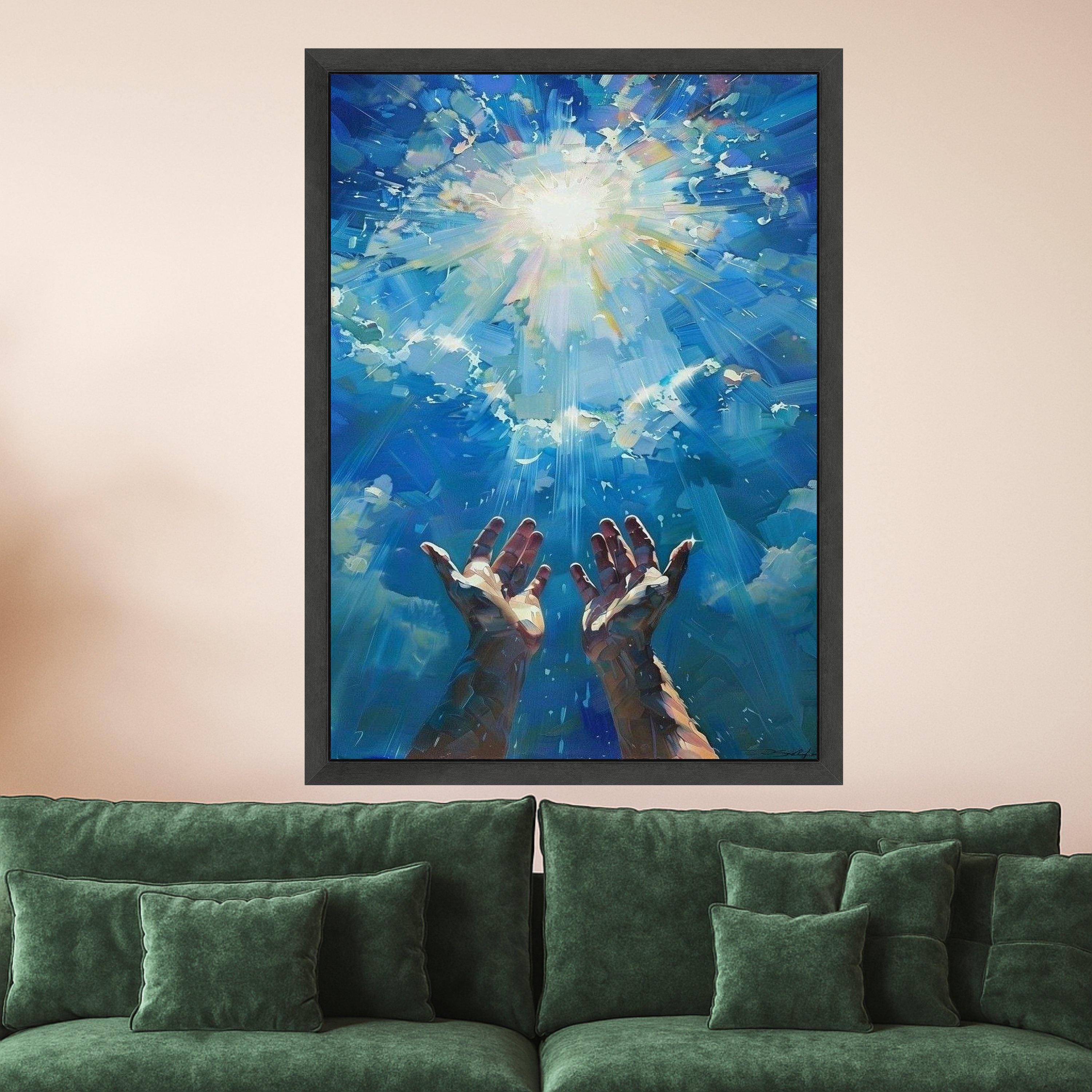 Reaching Hands to Light, Spiritual Canvas Wall Art, Blue Sky Rays, Inspirational Home Decoration, Abstract Spiritual Art Ready To Hang