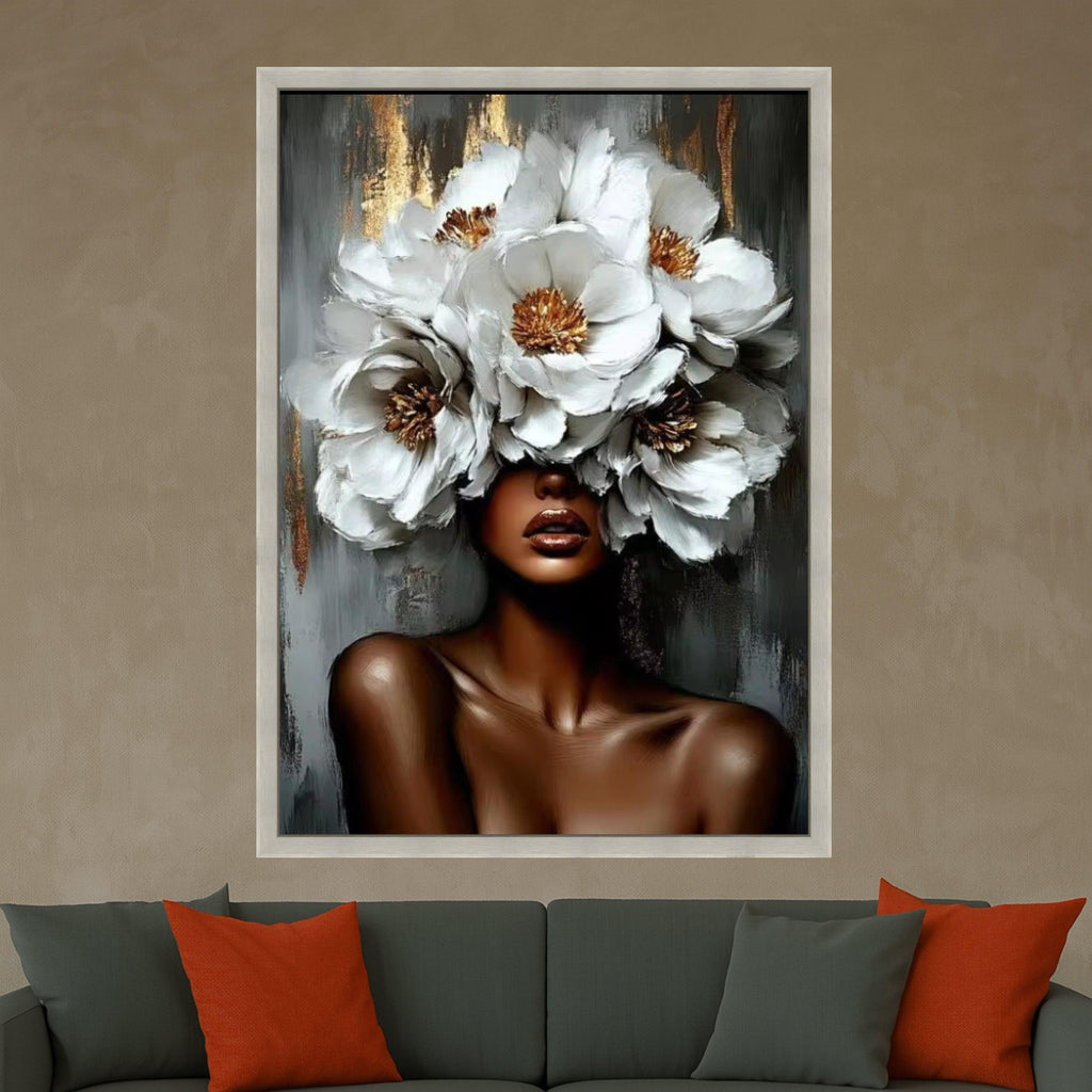 Elegant African Woman with White Flower Crown Canvas, Floral Portrait Wall Art, Modern Feminine Canvas Decoration, Ready To Hang,