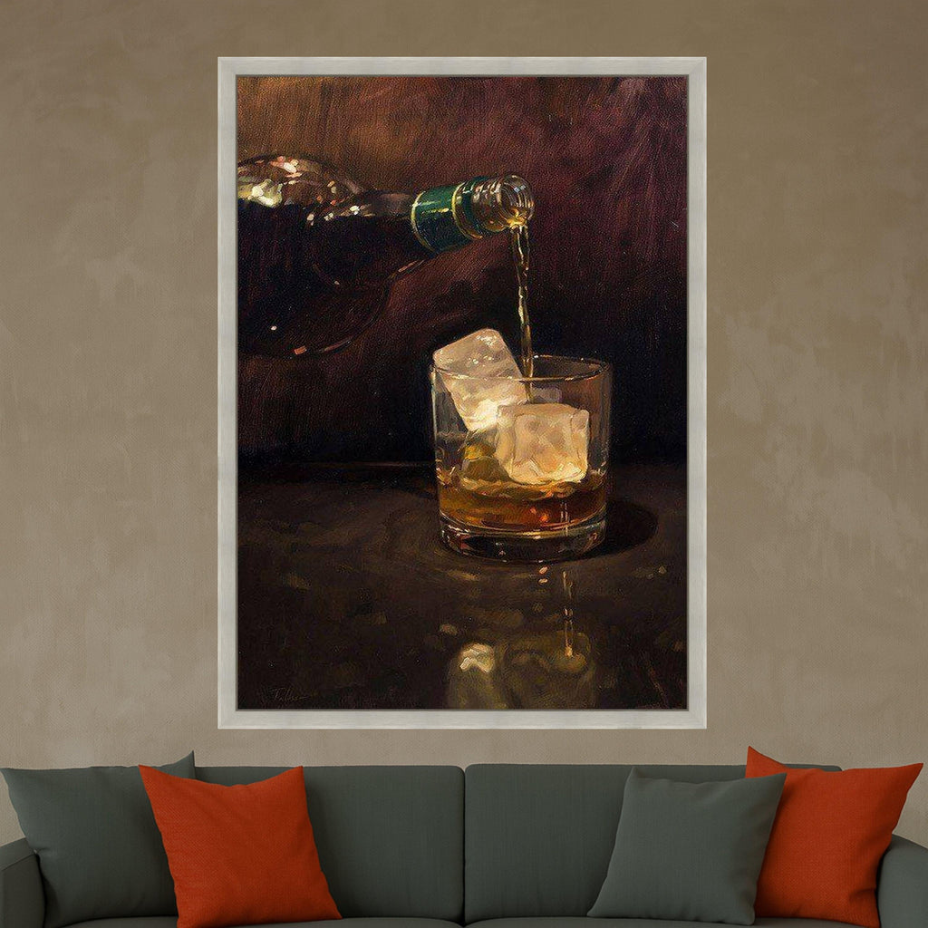 Whiskey Pouring Canvas Wall Art, Drink with Ice Cubes Painting, Bar Home Decor, Realistic Alcohol Beverage Canvas, Modern Ready To Hang