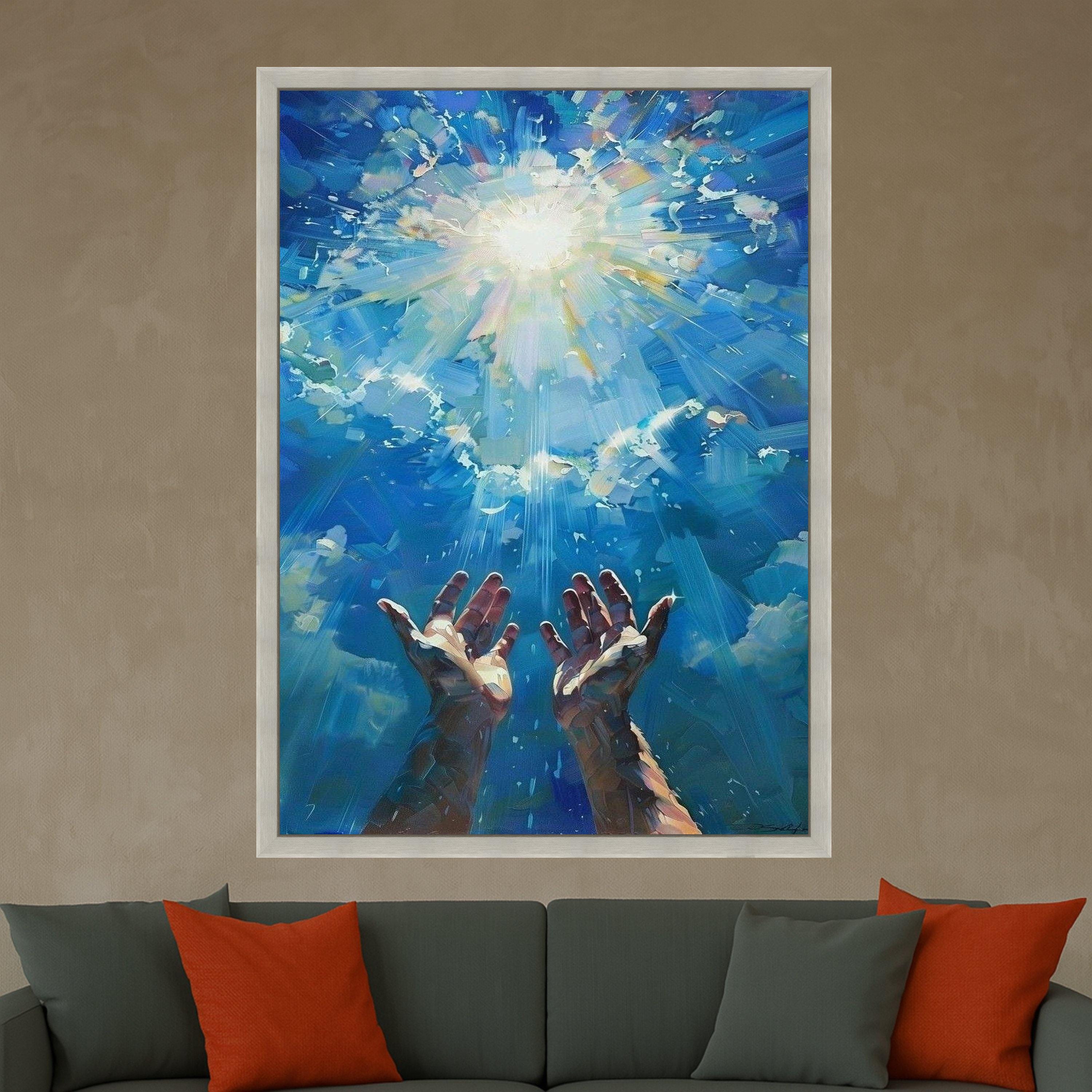 Reaching Hands to Light, Spiritual Canvas Wall Art, Blue Sky Rays, Inspirational Home Decoration, Abstract Spiritual Art Ready To Hang