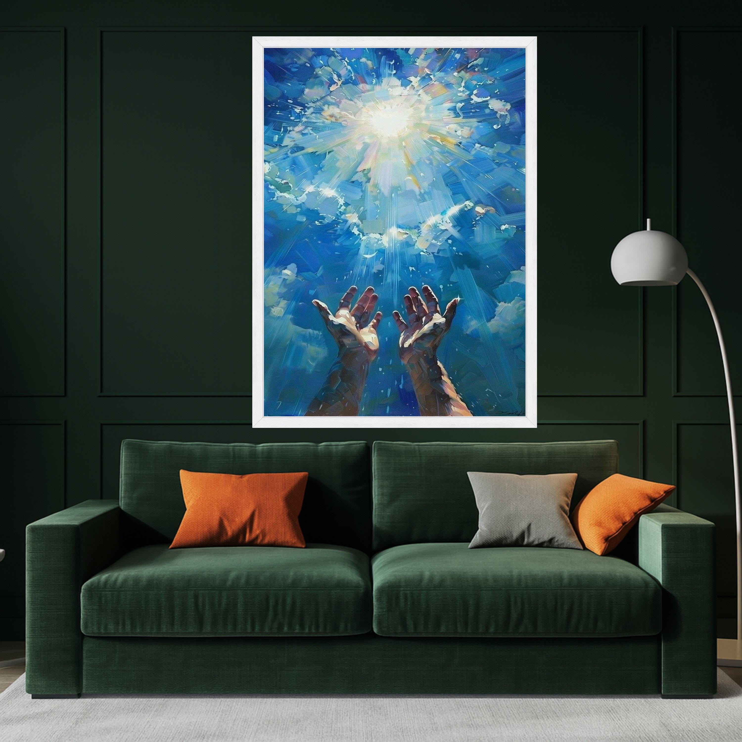 Reaching Hands to Light, Spiritual Canvas Wall Art, Blue Sky Rays, Inspirational Home Decoration, Abstract Spiritual Art Ready To Hang