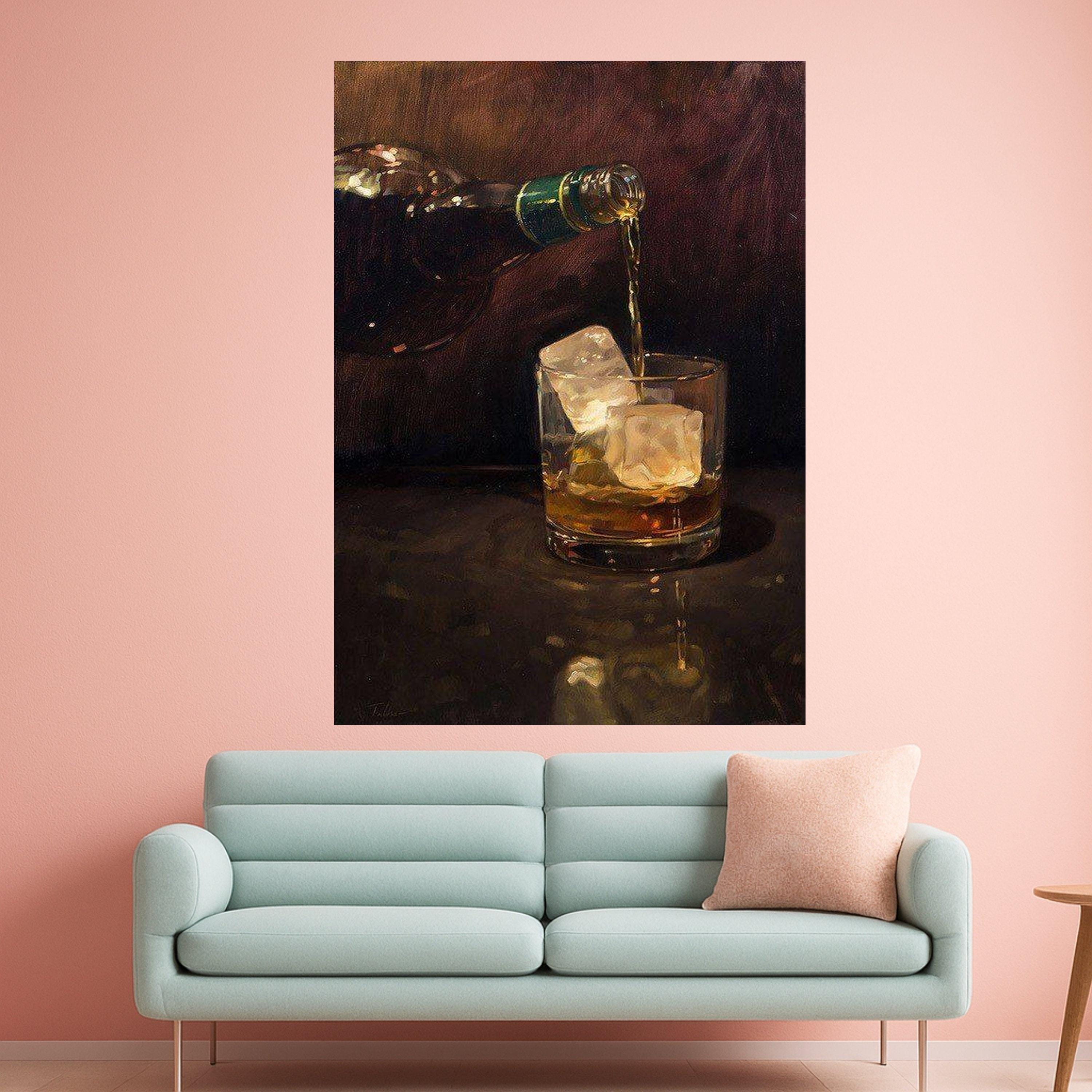 Whiskey Pouring Canvas Wall Art, Drink with Ice Cubes Painting, Bar Home Decor, Realistic Alcohol Beverage Canvas, Modern Ready To Hang