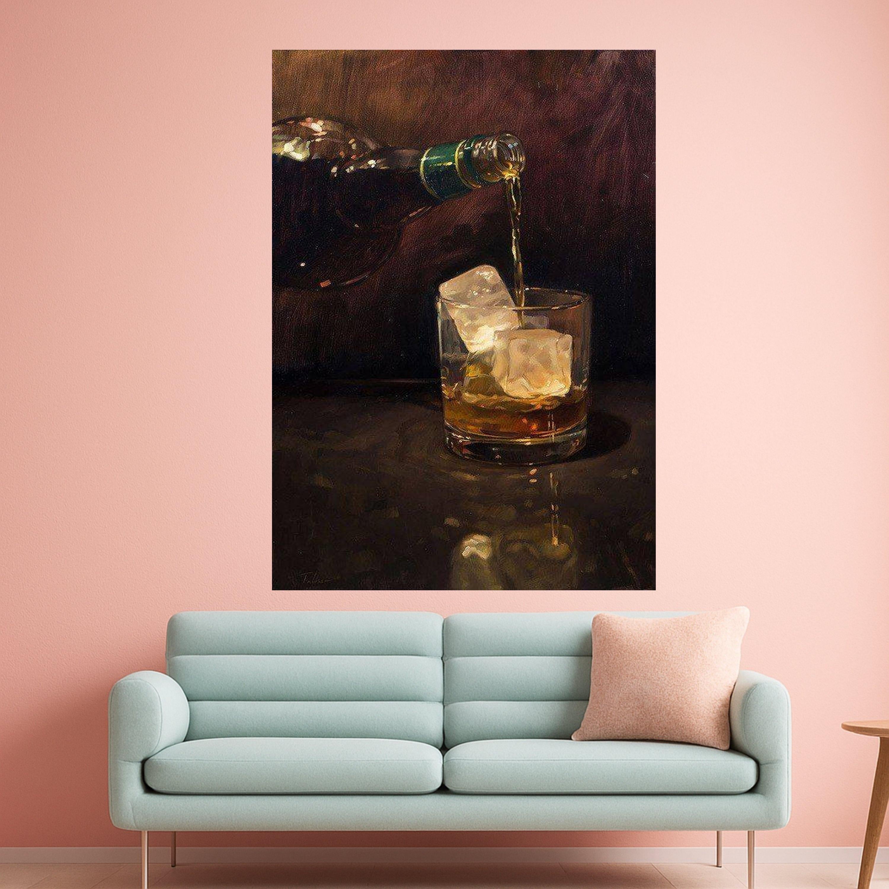 Whiskey Pouring Canvas Wall Art, Drink with Ice Cubes Painting, Bar Home Decor, Realistic Alcohol Beverage Canvas, Modern Ready To Hang