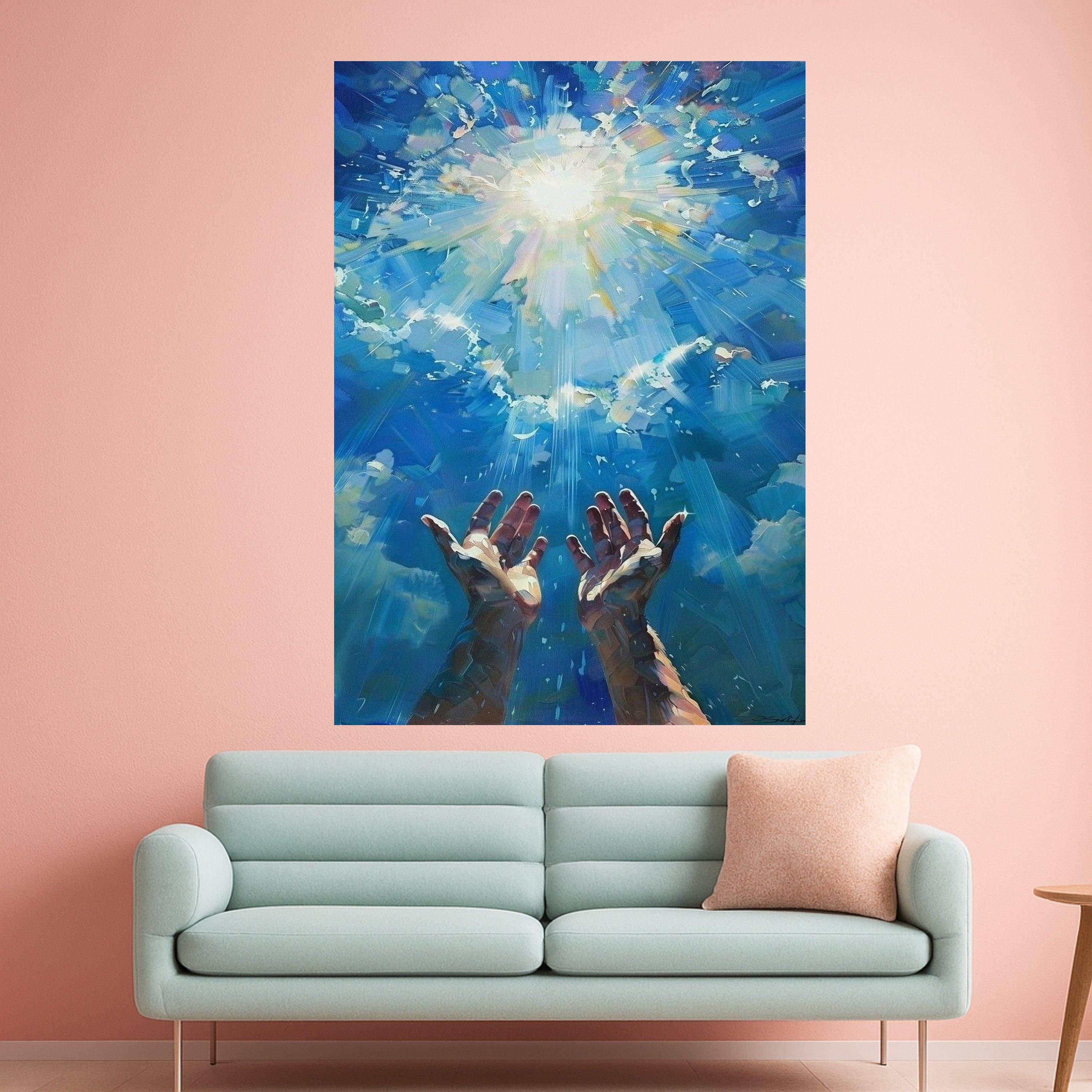 Reaching Hands to Light, Spiritual Canvas Wall Art, Blue Sky Rays, Inspirational Home Decoration, Abstract Spiritual Art Ready To Hang