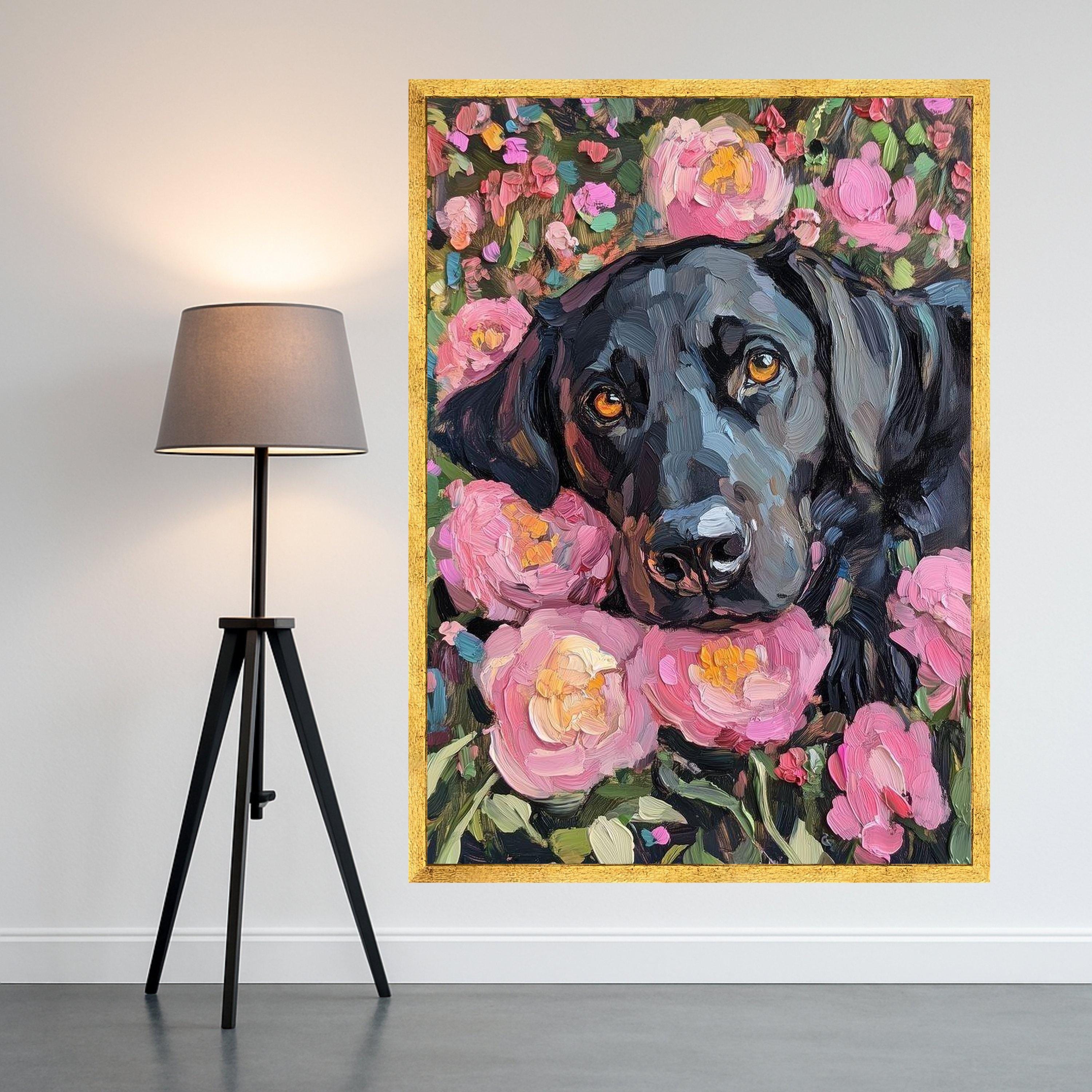 Black Labrador Portrait Canvas, Floral Garden Wall Art, Pink Peonies Painting, Dog Lover Home Decor, Impasto Style Canvas Ready To Hang,