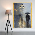 Rainy City Evening, Man with Umbrella Canvas, Urban Street Lamp Art, Moody Landscape Wall Decor, Contemporary Canvas Painting Ready To Hang
