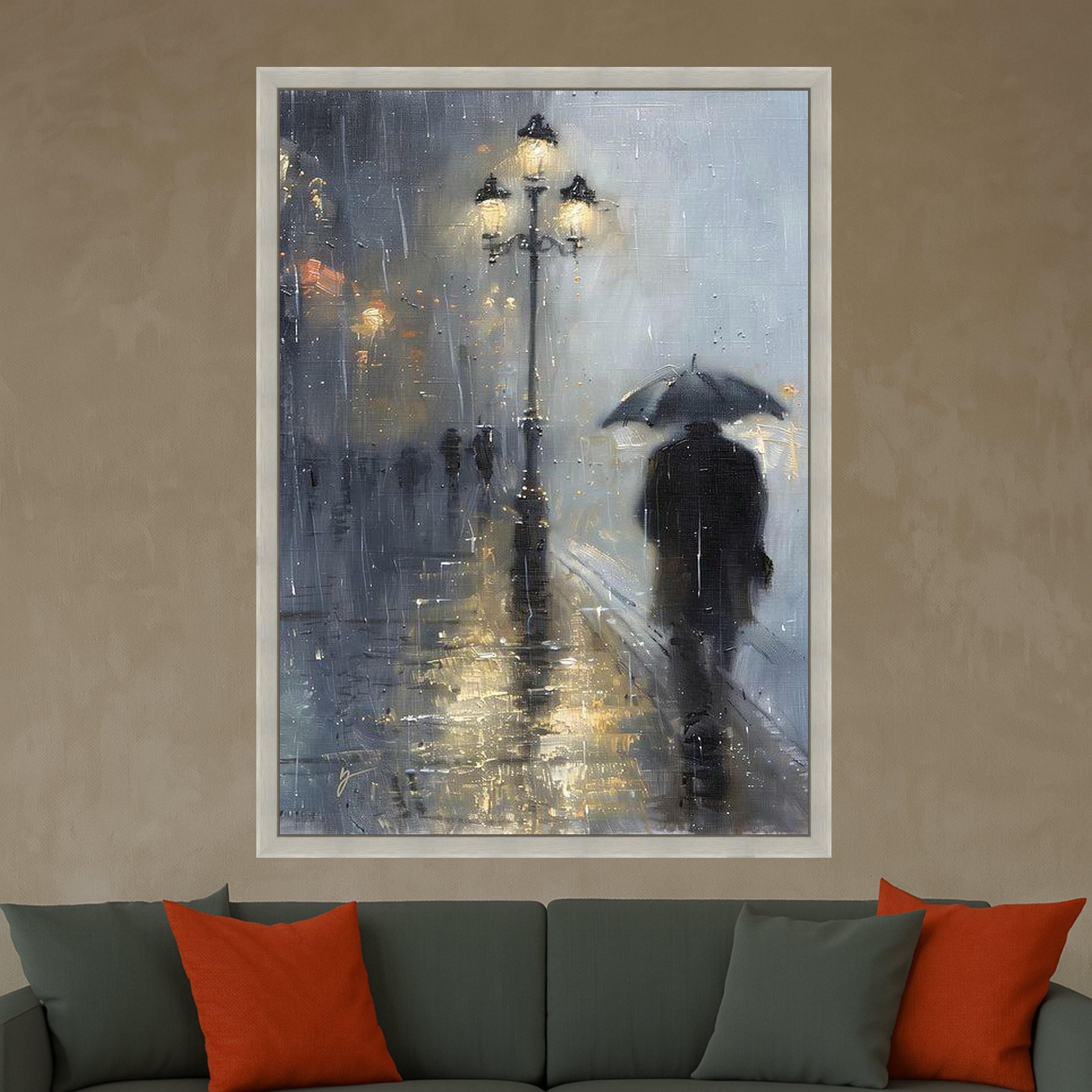 Rainy City Evening, Man with Umbrella Canvas, Urban Street Lamp Art, Moody Landscape Wall Decor, Contemporary Canvas Painting Ready To Hang