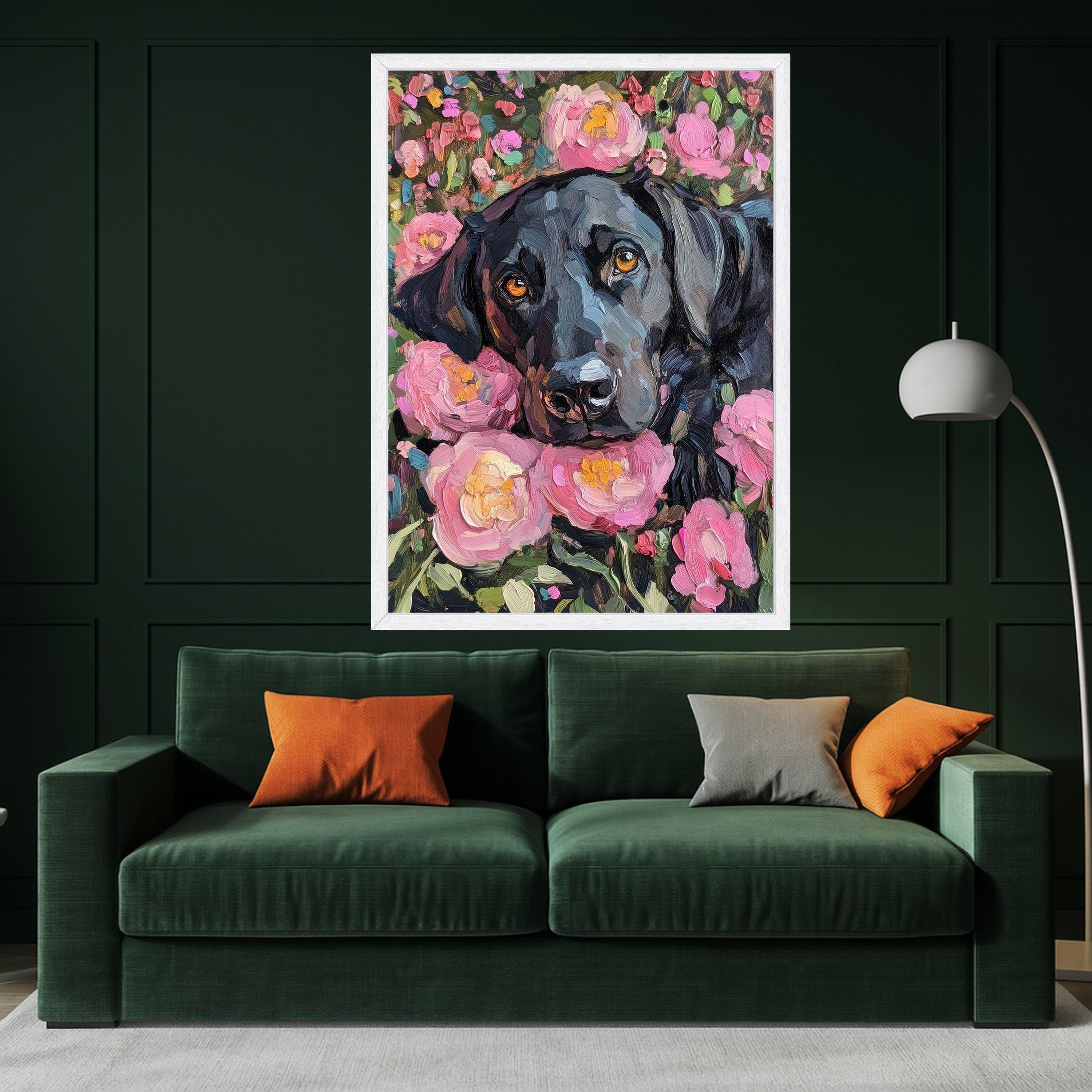 Black Labrador Portrait Canvas, Floral Garden Wall Art, Pink Peonies Painting, Dog Lover Home Decor, Impasto Style Canvas Ready To Hang,