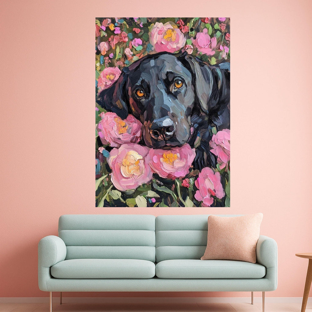 Black Labrador Portrait Canvas, Floral Garden Wall Art, Pink Peonies Painting, Dog Lover Home Decor, Impasto Style Canvas Ready To Hang,
