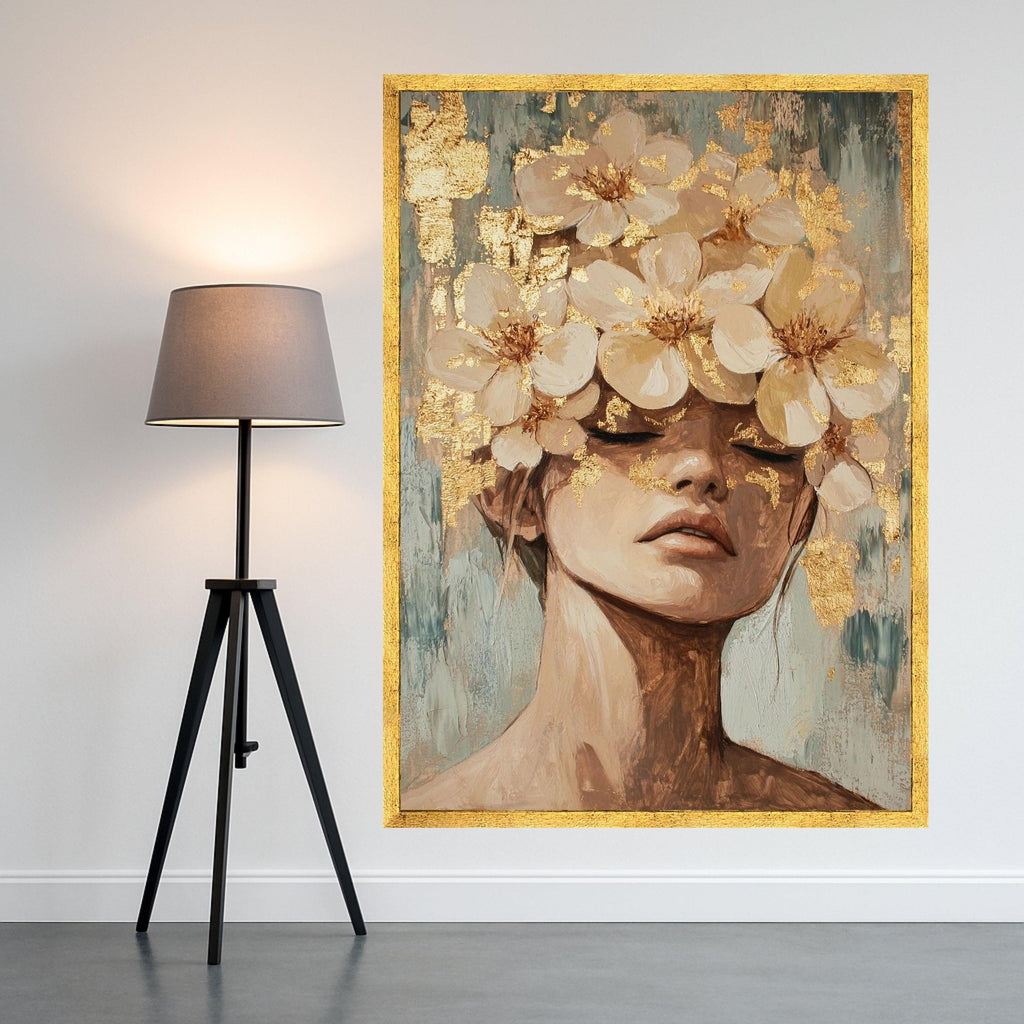 Elegant Female Portrait with White Floral Crown Canvas, Modern Abstract Figure Wall Art, Gold Leaf Accent Canvas, Ready To Hang,