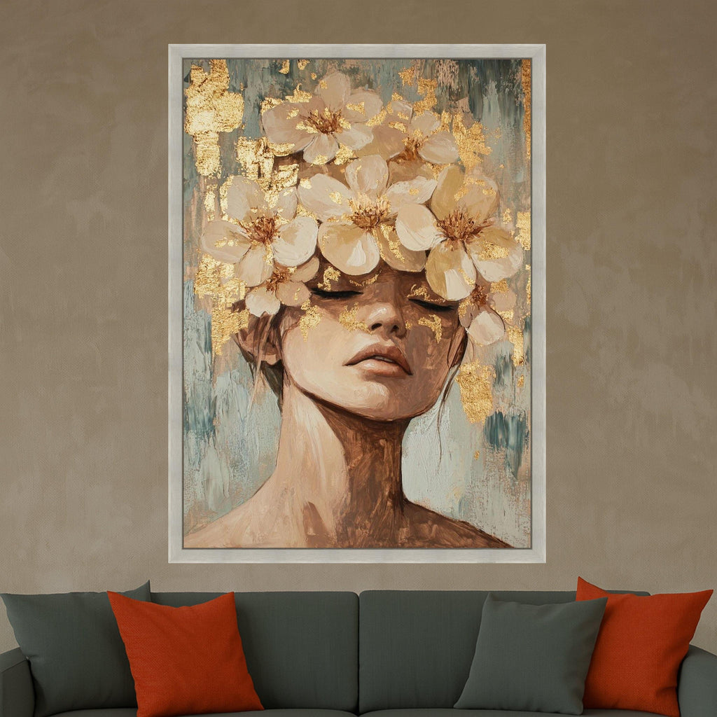 Elegant Female Portrait with White Floral Crown Canvas, Modern Abstract Figure Wall Art, Gold Leaf Accent Canvas, Ready To Hang,