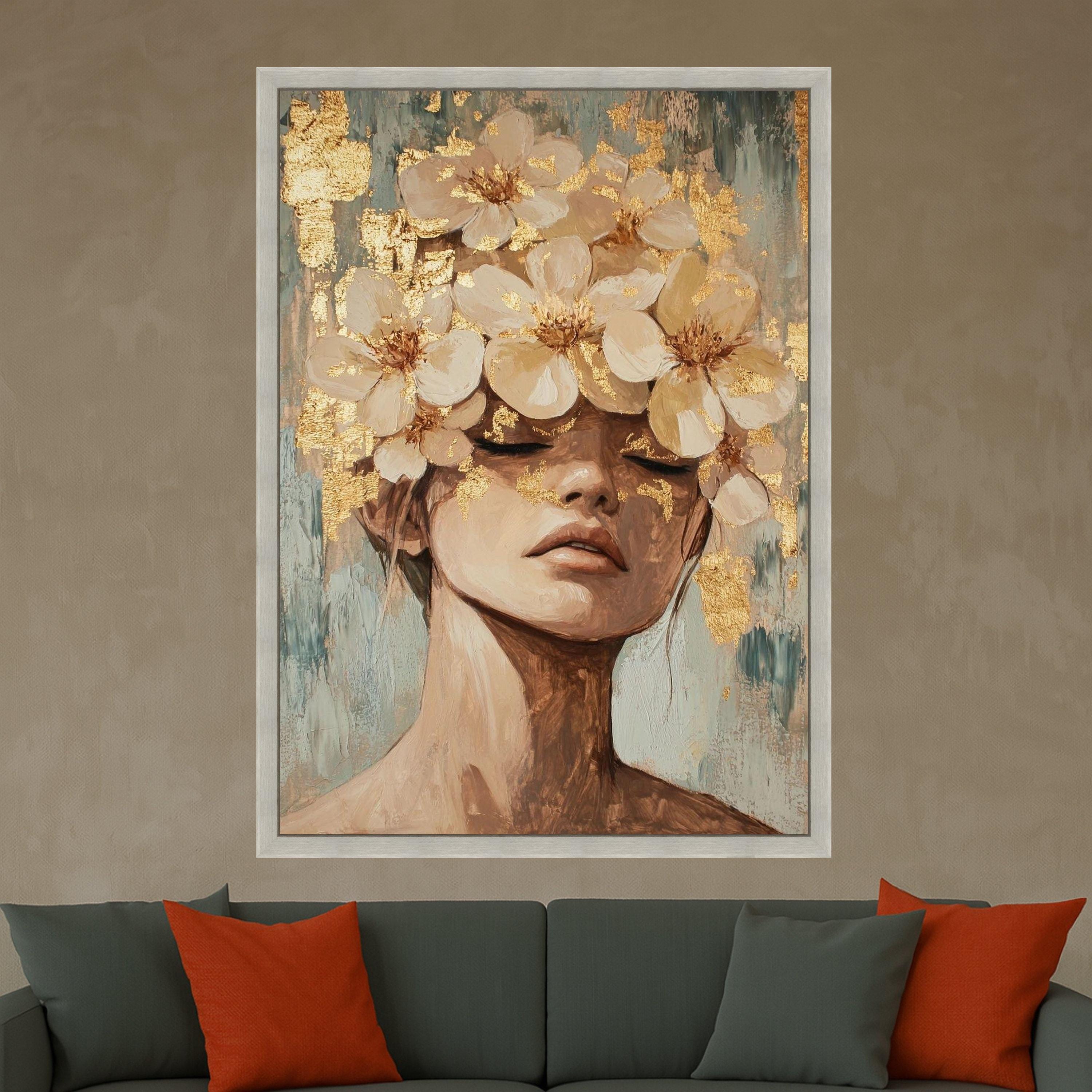 Elegant Female Portrait with White Floral Crown Canvas, Modern Abstract Figure Wall Art, Gold Leaf Accent Canvas, Ready To Hang,