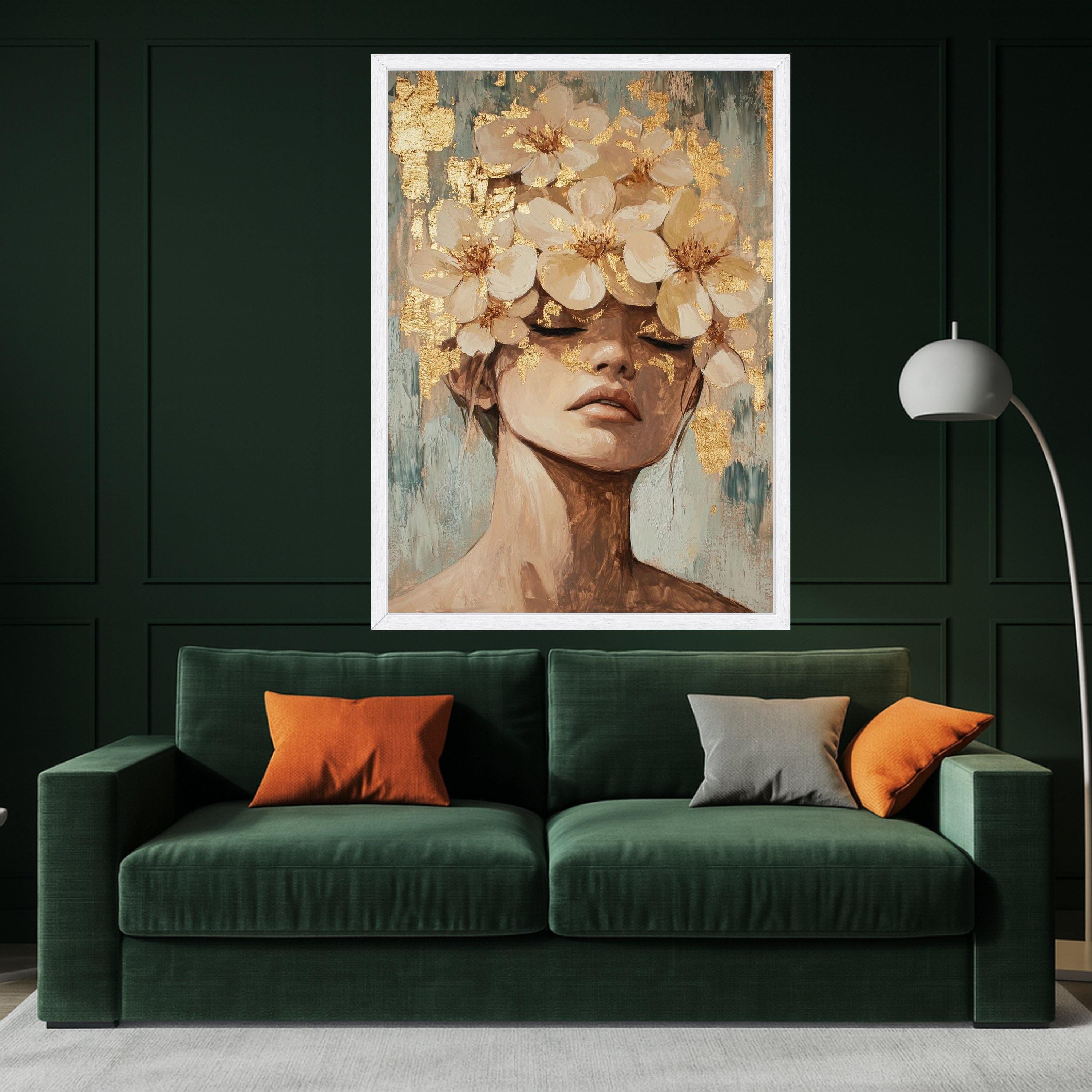 Elegant Female Portrait with White Floral Crown Canvas, Modern Abstract Figure Wall Art, Gold Leaf Accent Canvas, Ready To Hang,