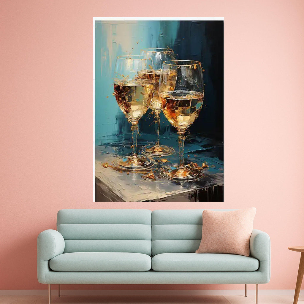 Elegant Wine Glasses Canvas Wall Art, Modern Abstract Painting, Golden Drink Still Life, Contemporary Home Decor, Ready to Ready To Hang,