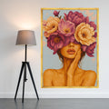 Abstract Woman with Floral Crown Canvas, Feminine Portrait Wall Art, Modern Flower Headpiece Painting, Contemporary Canvas Ready To Hang,