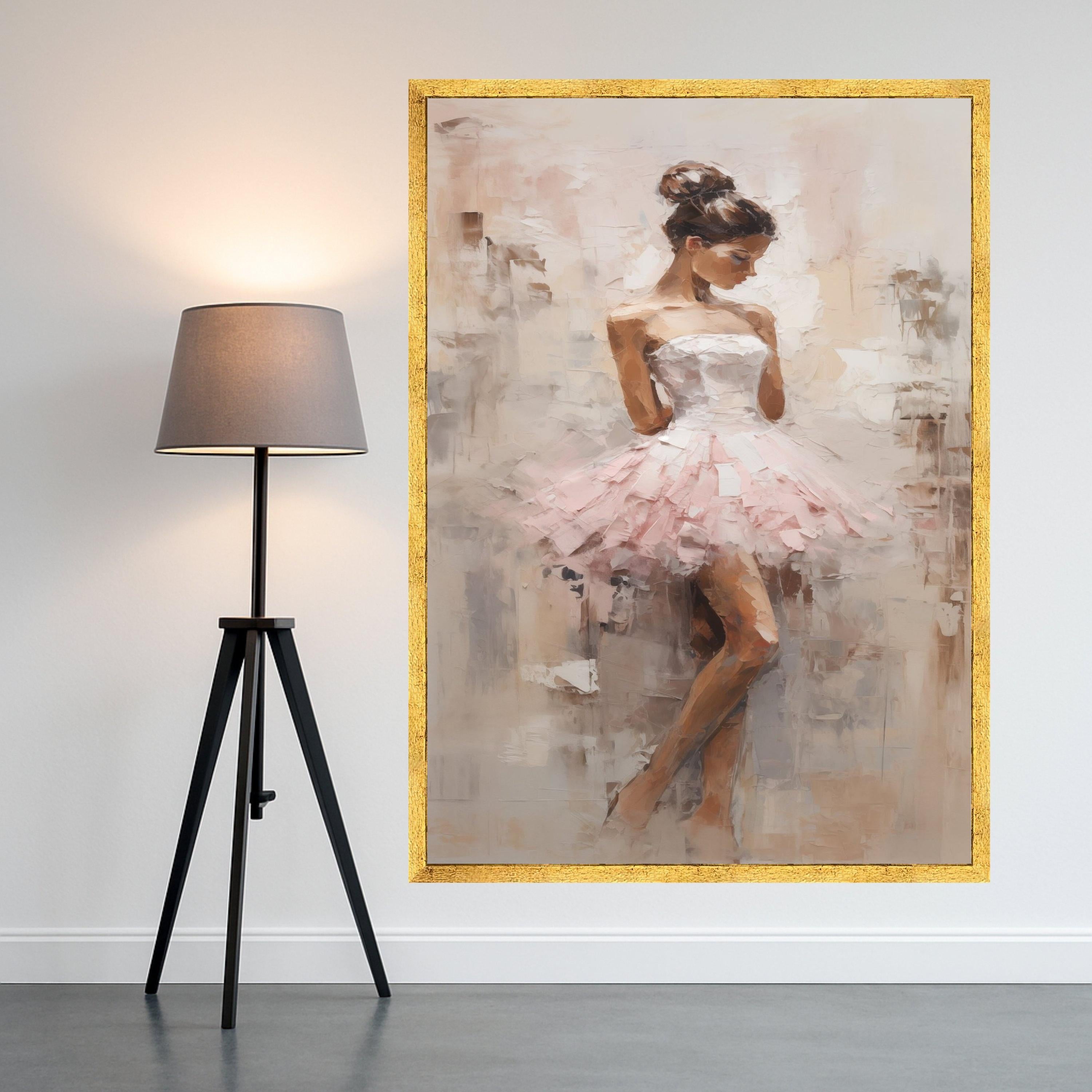Elegant Ballerina in Pink Tutu Canvas, Contemporary Ballet Art, Female Dance Figure Painting, Soft Neutral Wall Decor, Ready To Hang,