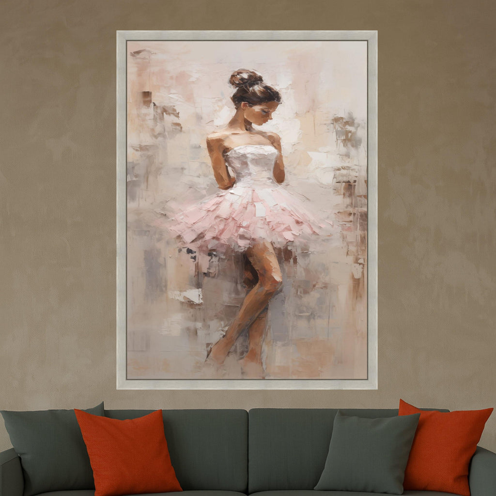 Elegant Ballerina in Pink Tutu Canvas, Contemporary Ballet Art, Female Dance Figure Painting, Soft Neutral Wall Decor, Ready To Hang,