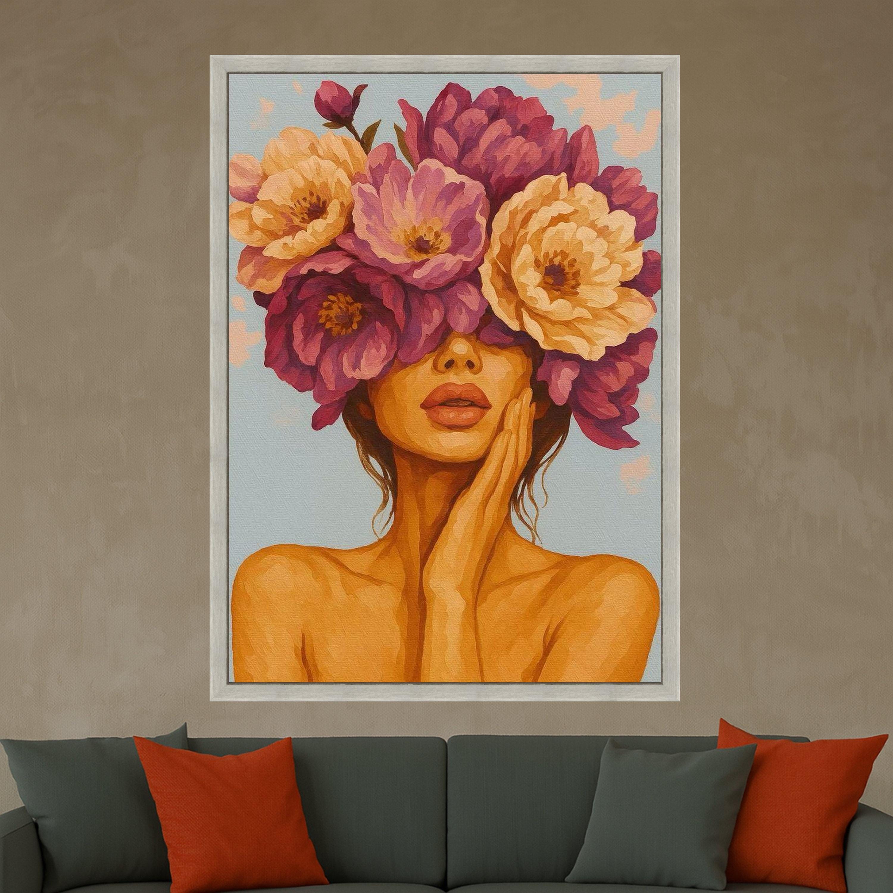 Abstract Woman with Floral Crown Canvas, Feminine Portrait Wall Art, Modern Flower Headpiece Painting, Contemporary Canvas Ready To Hang,