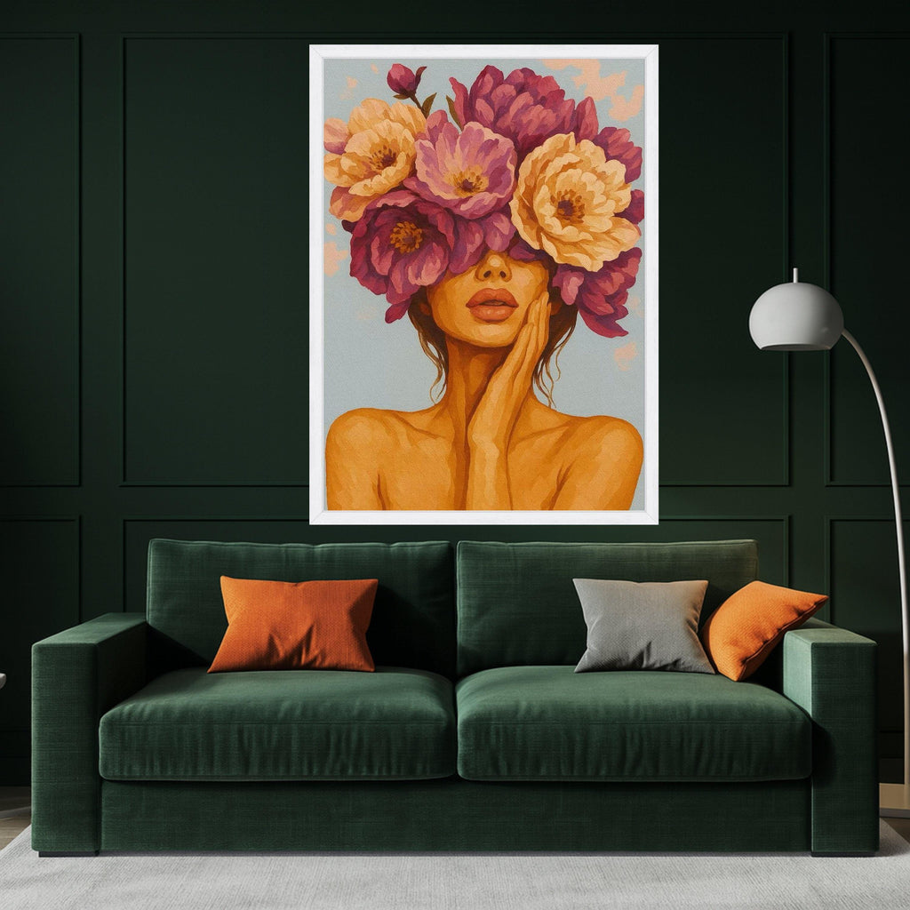 Abstract Woman with Floral Crown Canvas, Feminine Portrait Wall Art, Modern Flower Headpiece Painting, Contemporary Canvas Ready To Hang,