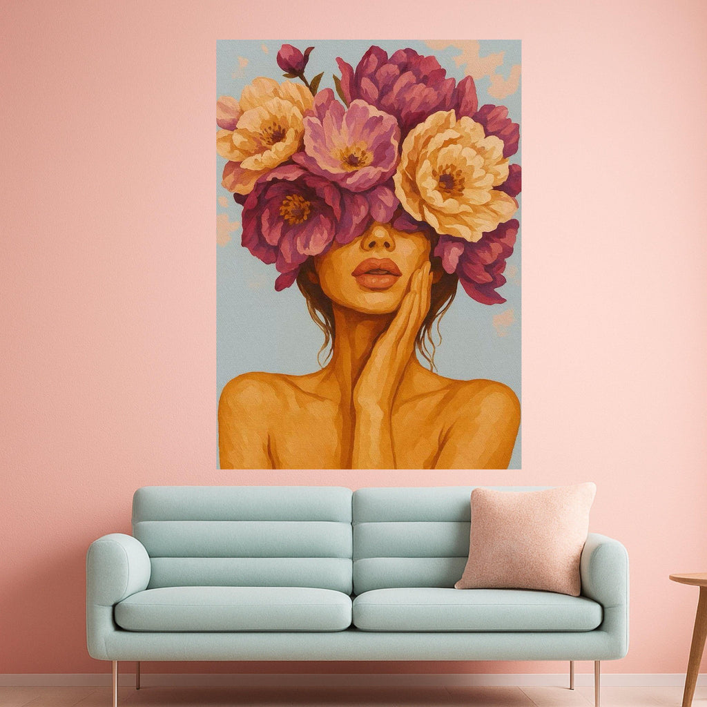 Abstract Woman with Floral Crown Canvas, Feminine Portrait Wall Art, Modern Flower Headpiece Painting, Contemporary Canvas Ready To Hang,