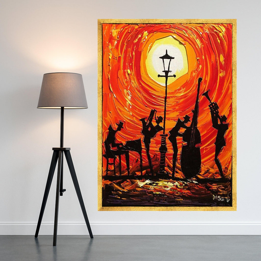 Jazz Band Silhouette Canvas, Sunset Music Scene Wall Art, Vibrant Orange Abstract Painting, Musical Instrument Decor, Modern Ready To Hang,